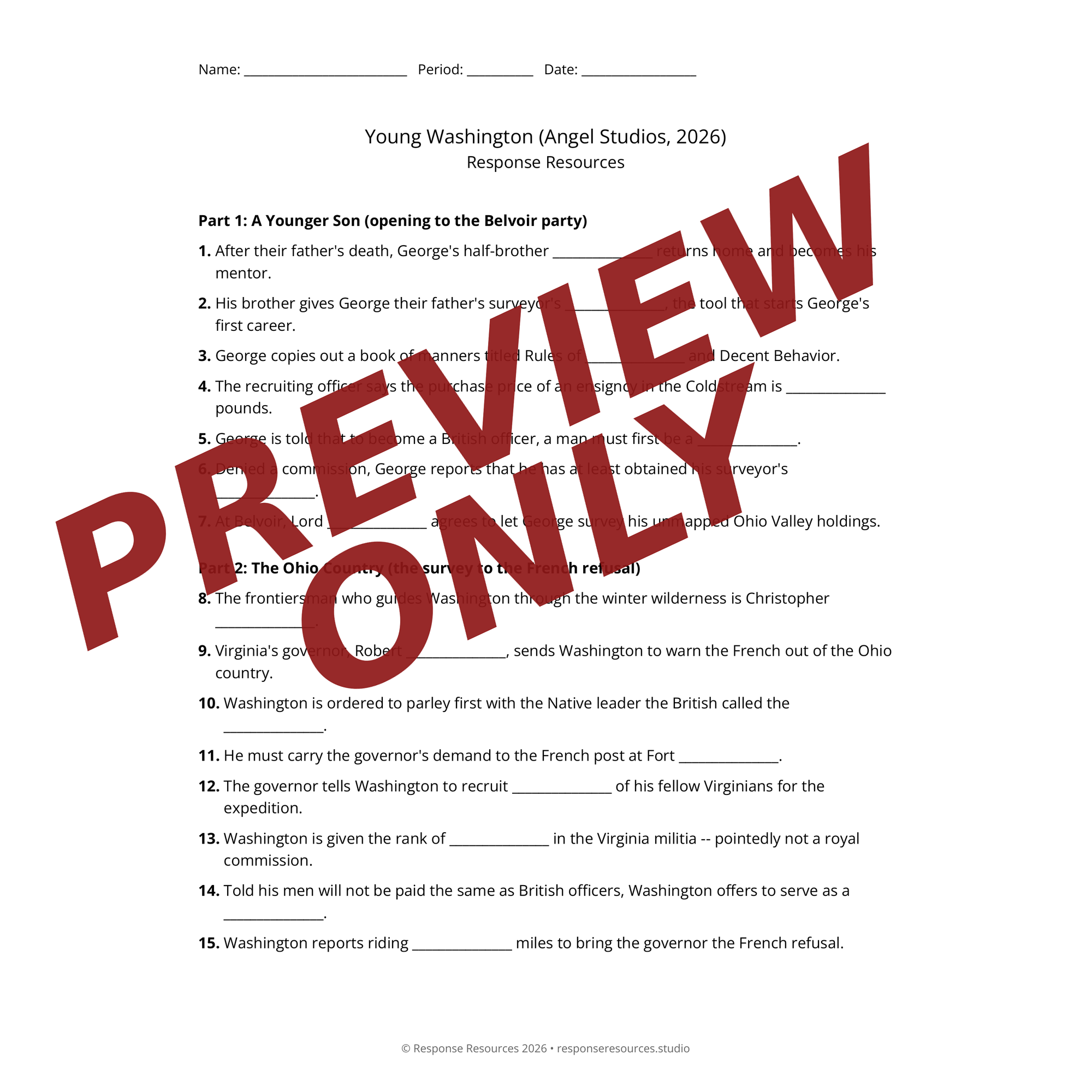 Preview of Young Washington (Angel Studios, 2026) worksheet — fill-in-the-blank documentary worksheet for US History