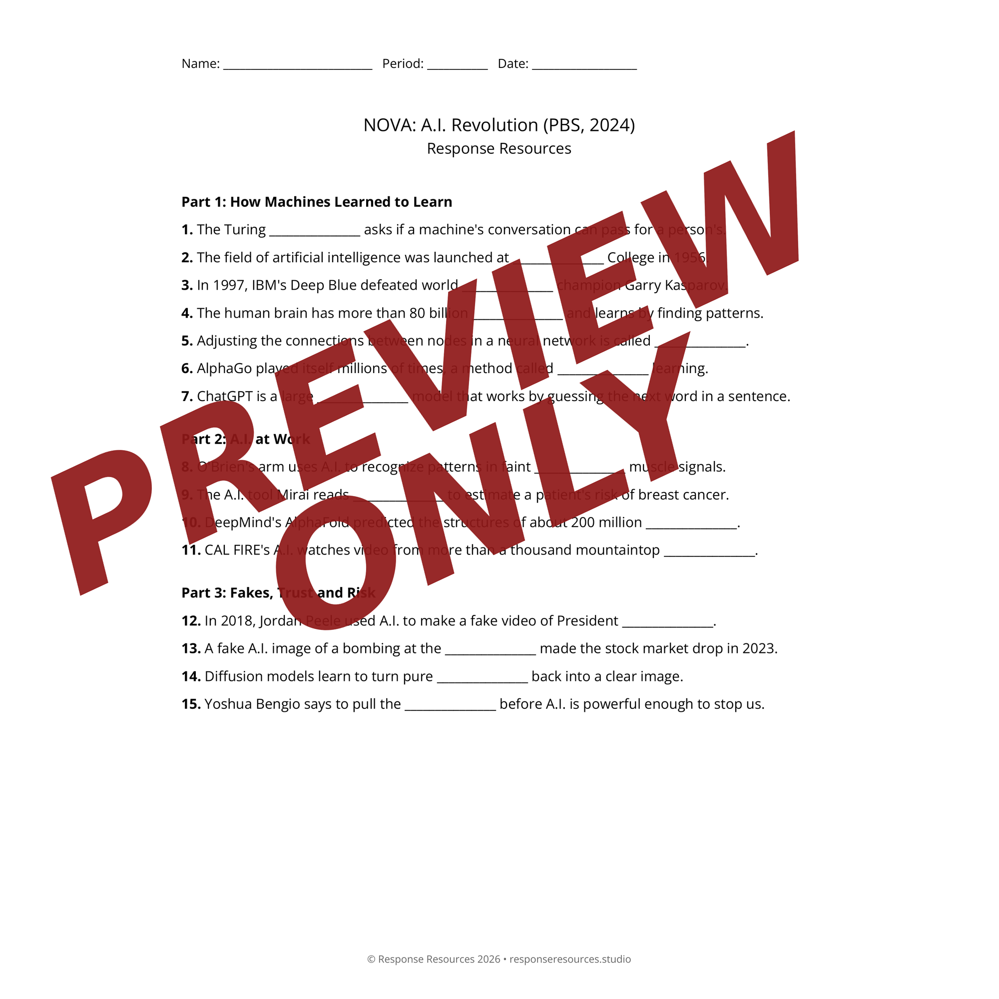 Preview of NOVA: A.I. Revolution (PBS, 2024) worksheet — fill-in-the-blank documentary worksheet for Computer Science
