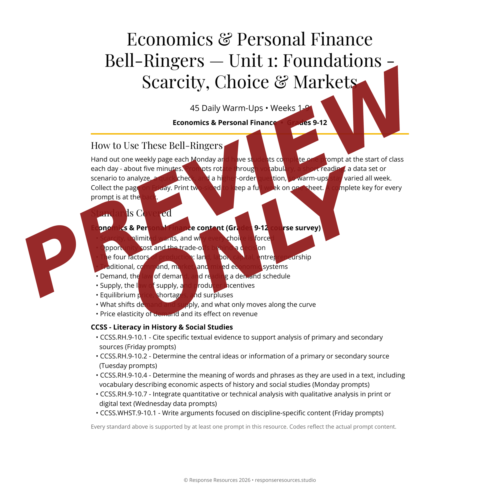 Preview page of Economics & Personal Finance Bell-Ringers — Unit 1: Foundations - Scarcity, Choice & Markets