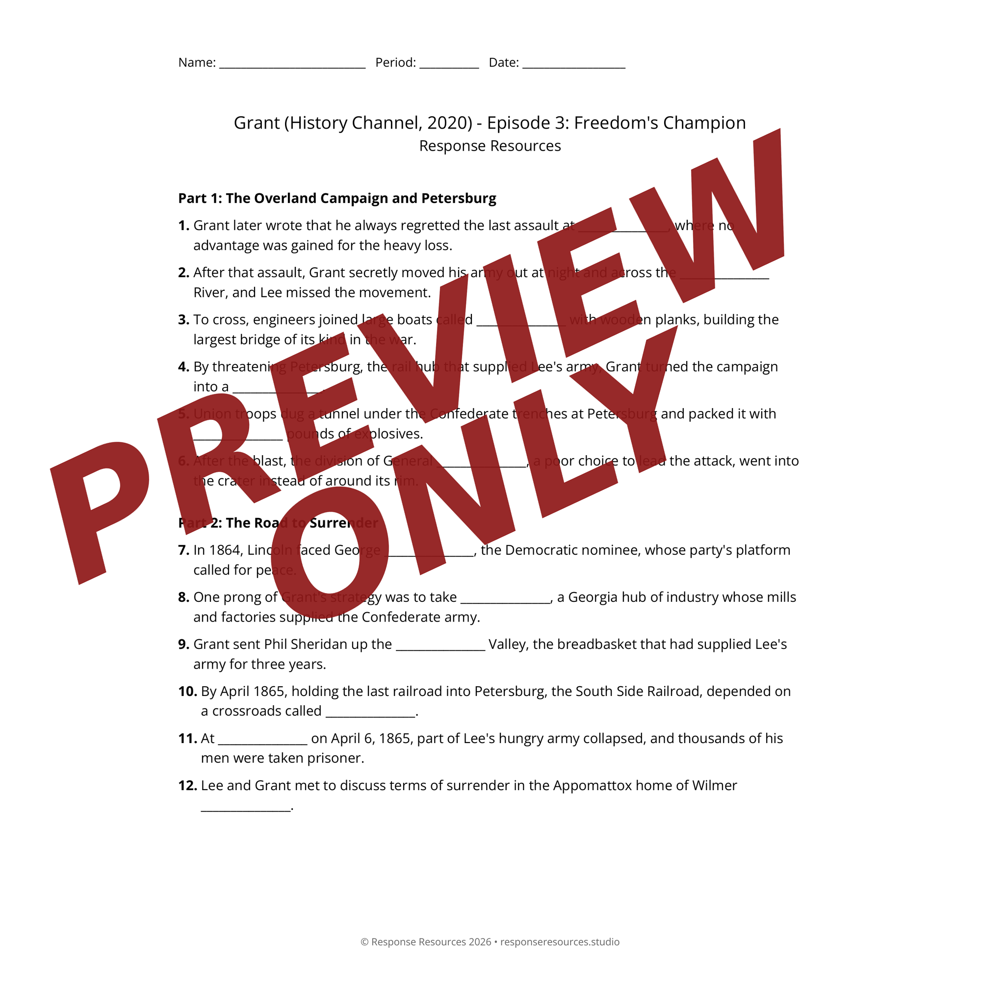 Preview of Grant (History Channel, 2020) - Episode 3: Freedom's Champion worksheet — fill-in-the-blank documentary worksheet for US History