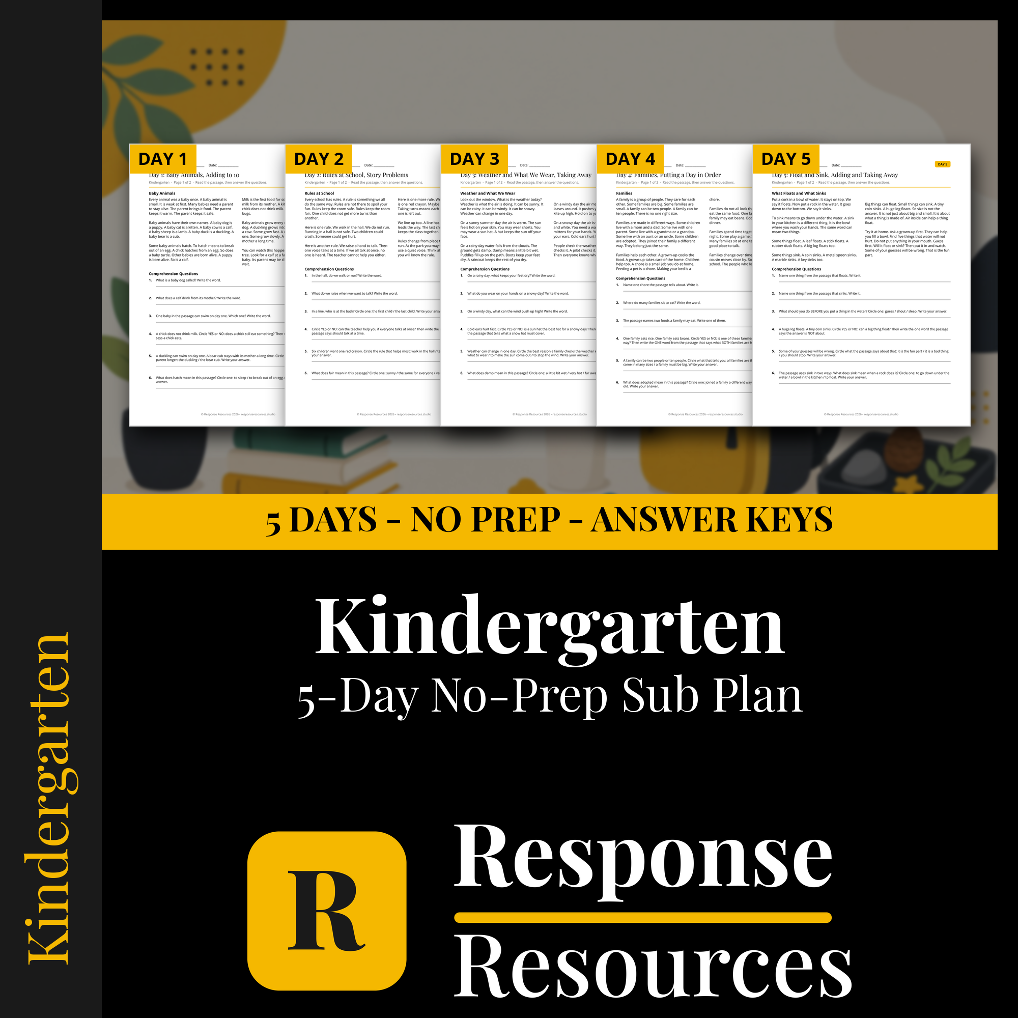 Response Resources 5-day no-prep Kindergarten substitute plan cover