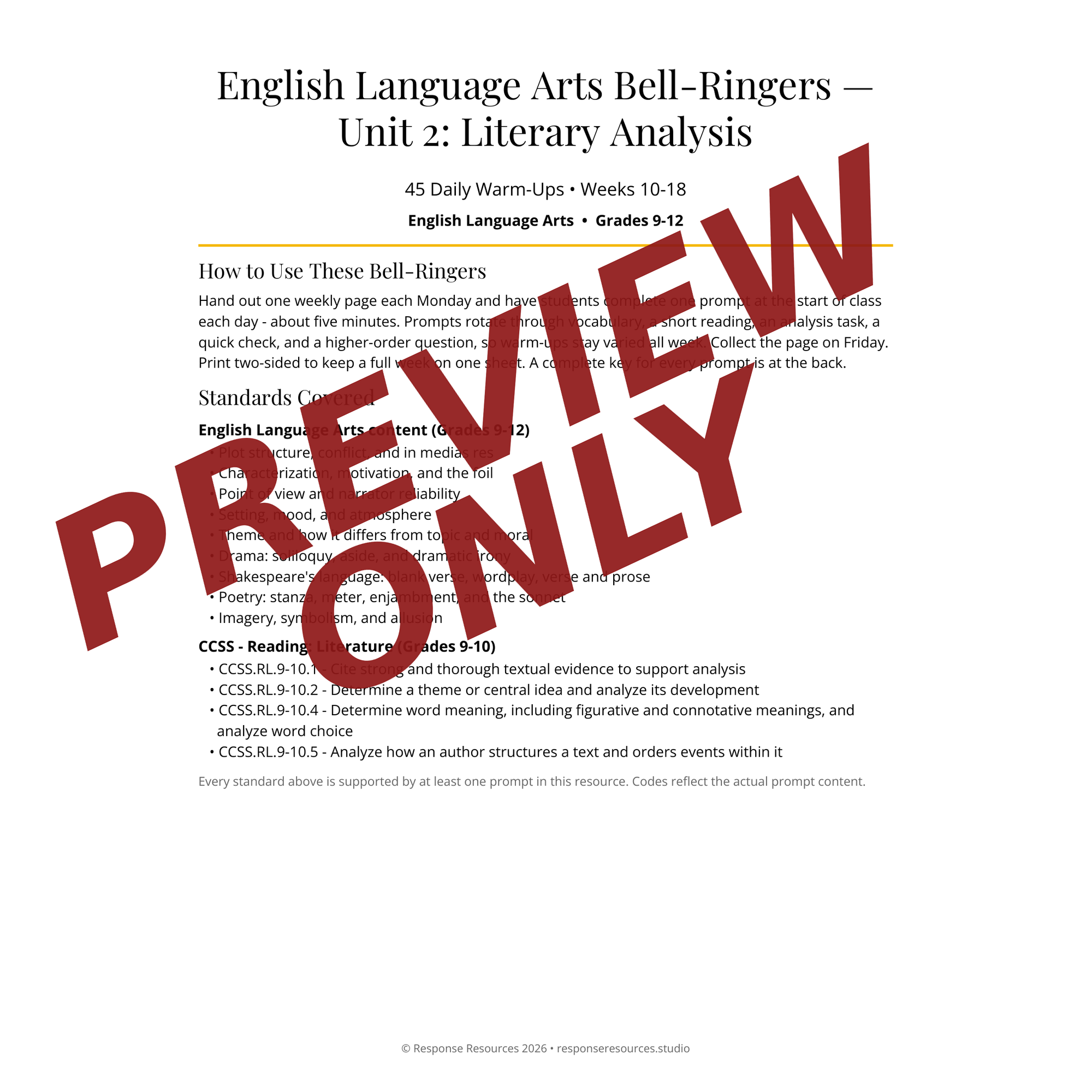 Preview page of English Language Arts Bell-Ringers — Unit 2: Literary Analysis