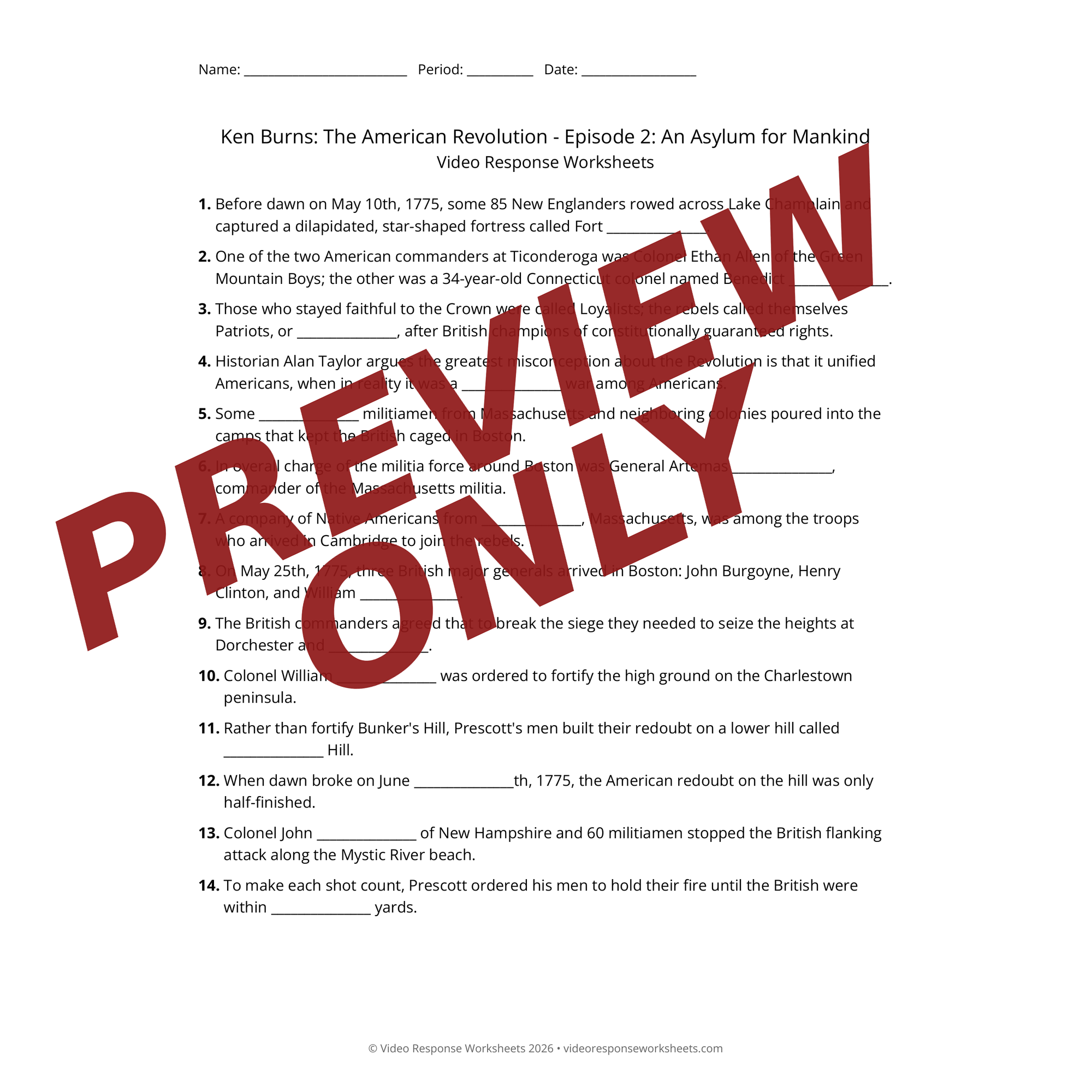Preview of Ken Burns: The American Revolution - Episode 2: An Asylum for Mankind worksheet — fill-in-the-blank documentary worksheet for US History