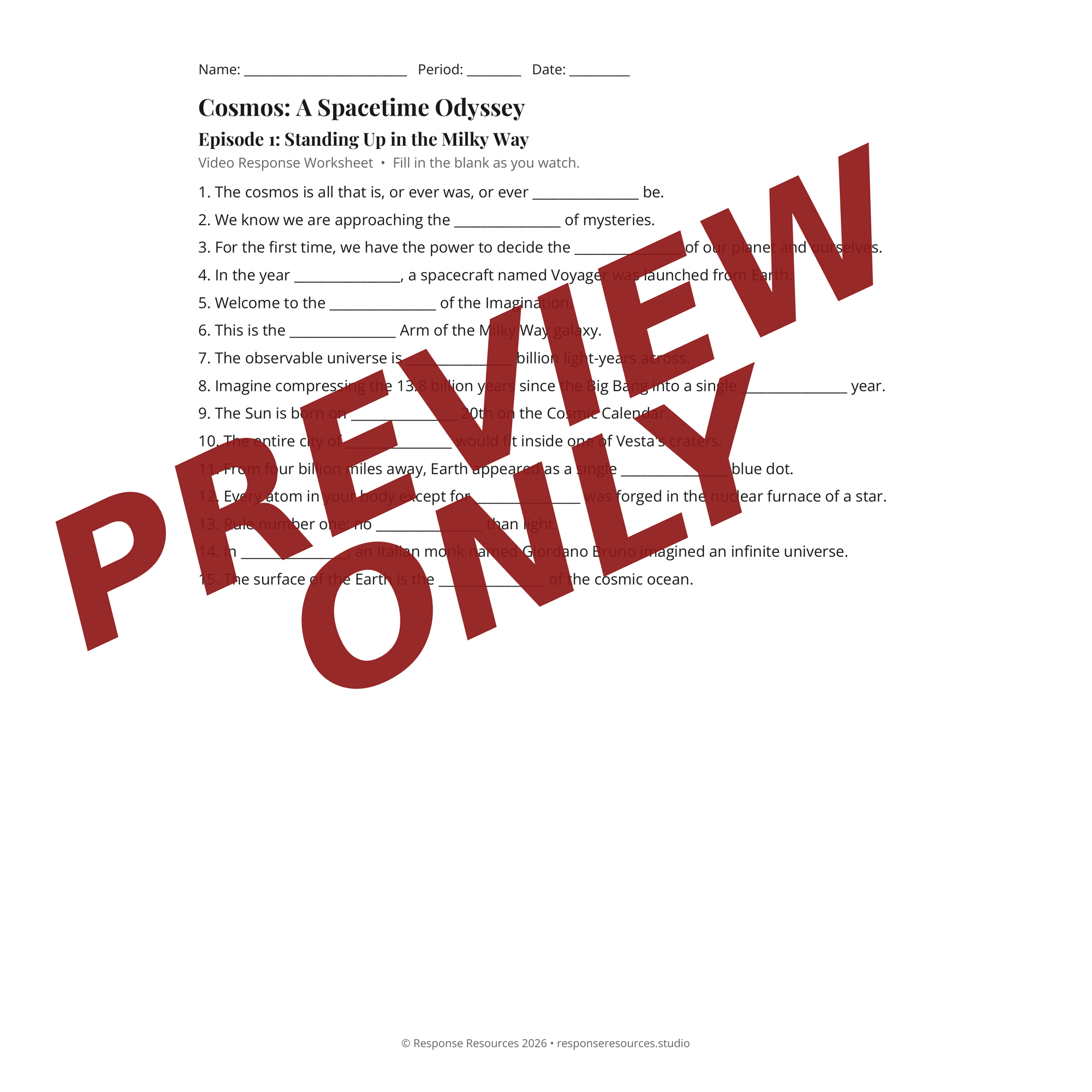Preview page from Cosmos: A Spacetime Odyssey — fill-in-the-blank documentary worksheet for astronomy and physical science