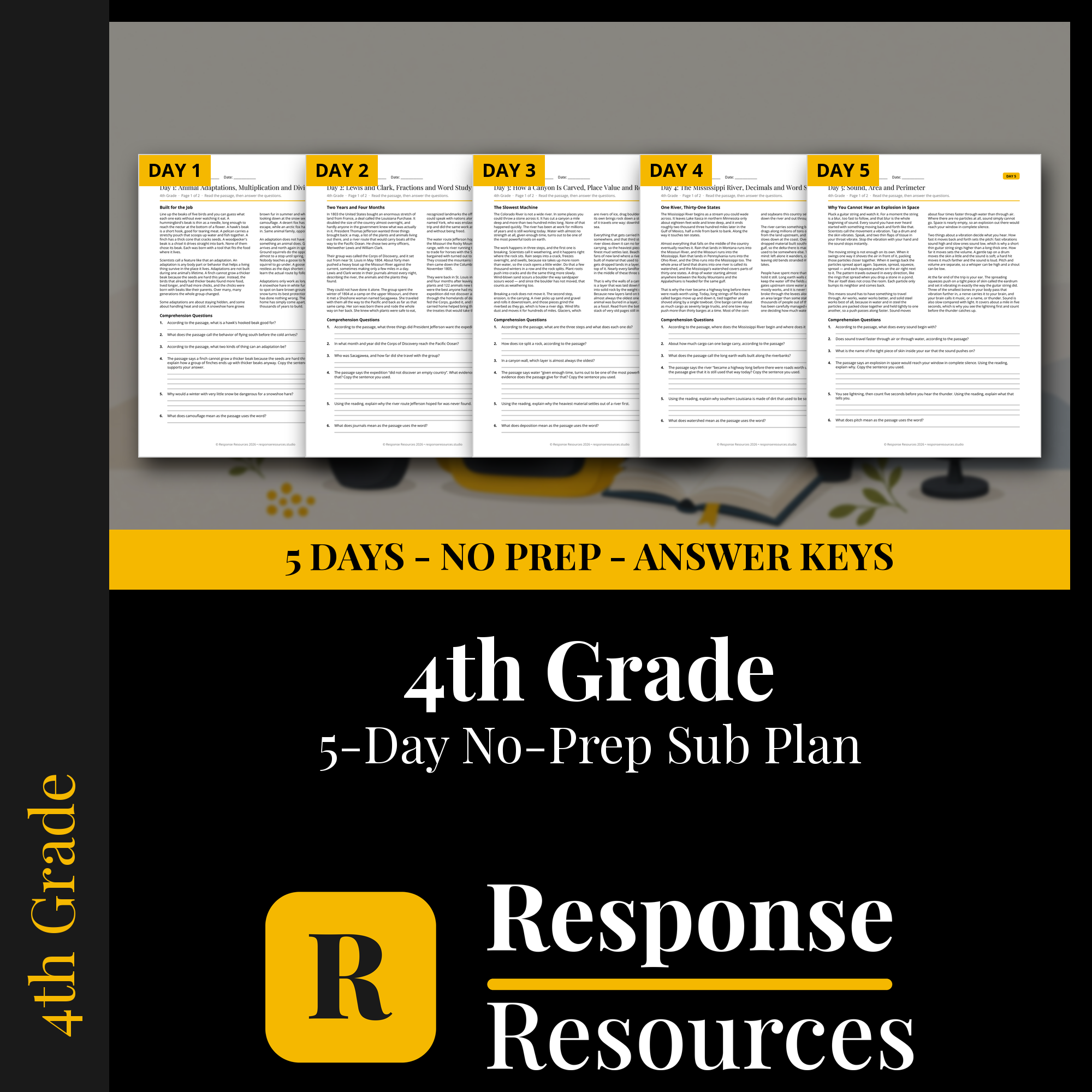 Response Resources 5-day no-prep 4th Grade substitute plan cover
