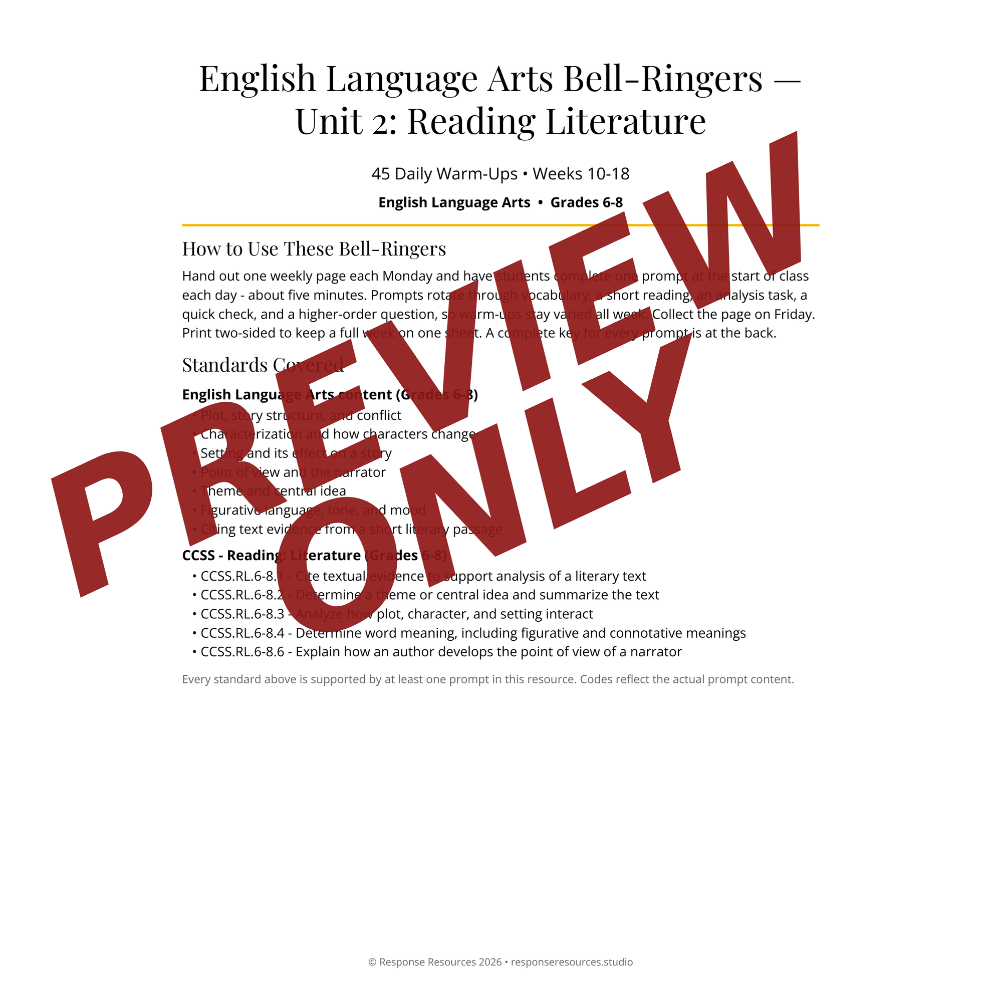 Preview page of English Language Arts Bell-Ringers — Unit 2: Reading Literature