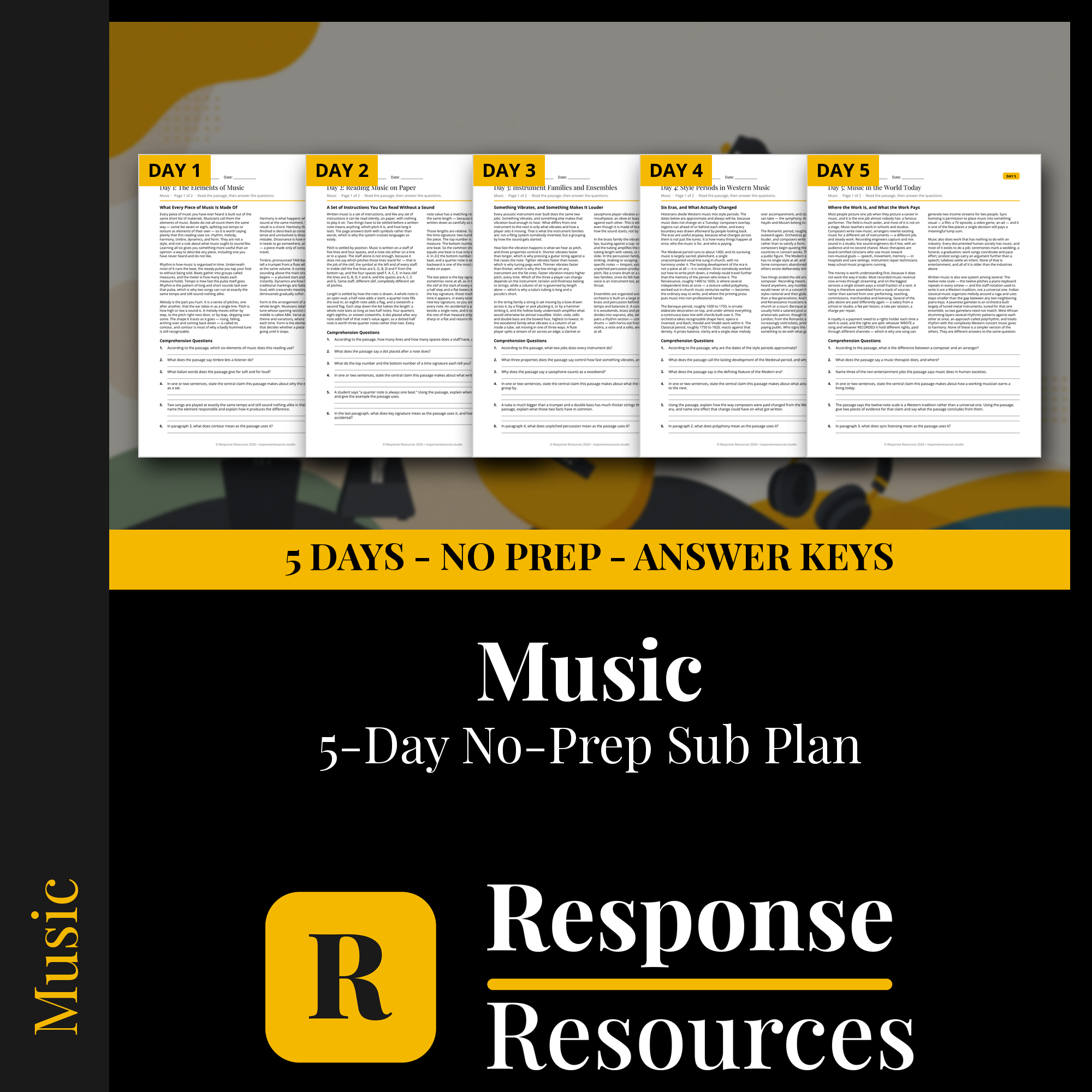 Response Resources 5-day no-prep Music substitute plan cover
