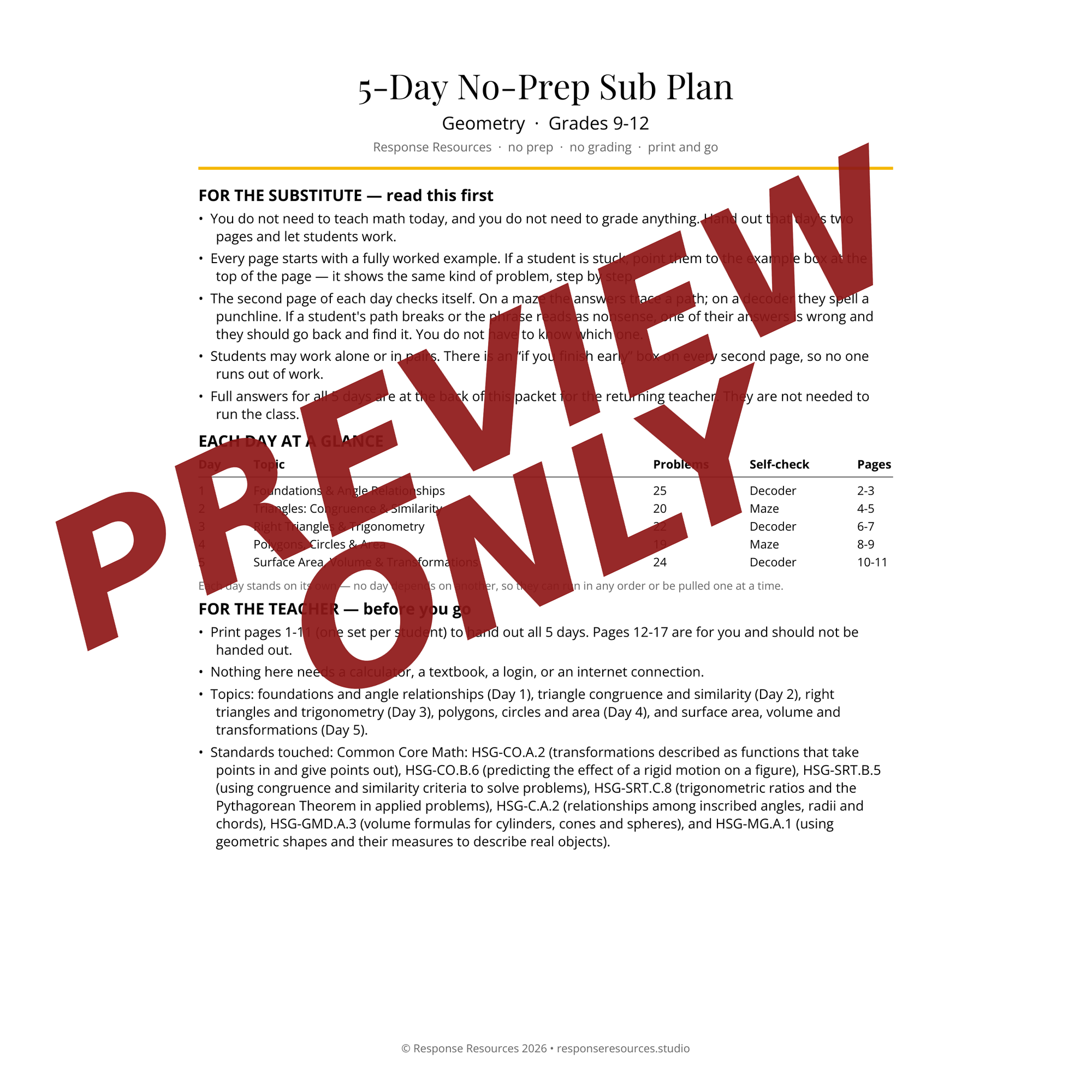 Preview of the Geometry sub plan — Sub & Teacher Notes page