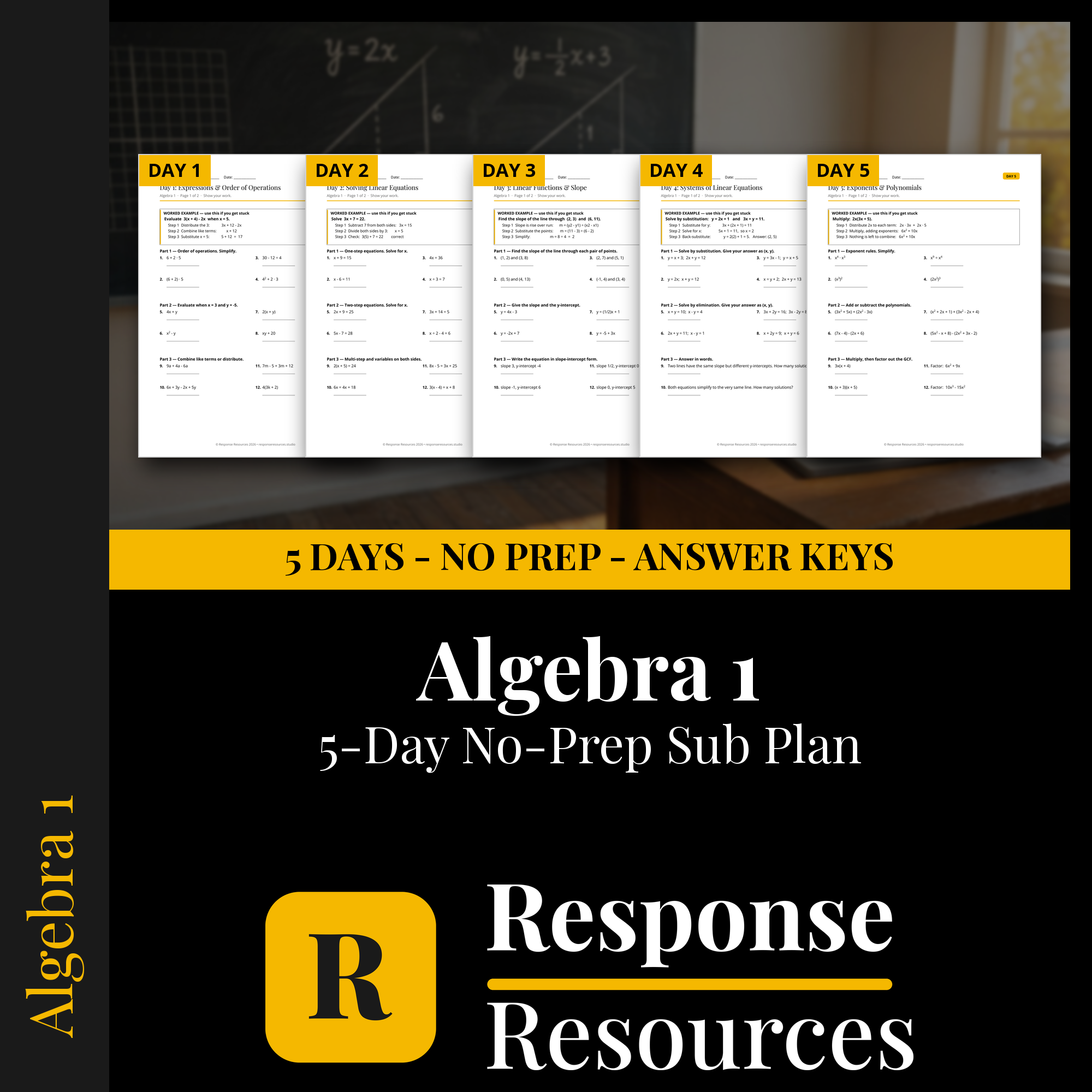 Response Resources 5-day no-prep Algebra substitute plan cover