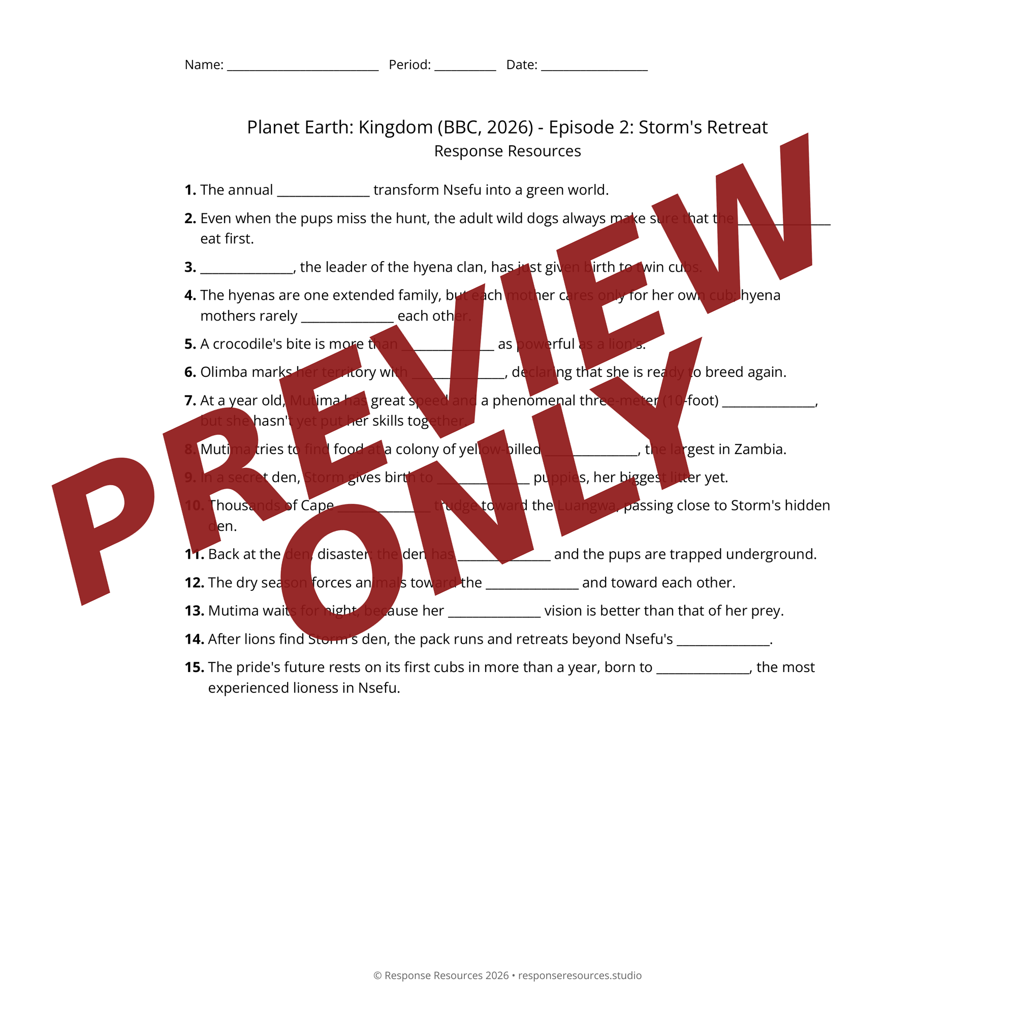 Preview of Planet Earth: Kingdom (BBC, 2026) - Episode 2: Storm's Retreat worksheet — fill-in-the-blank documentary worksheet for Biology