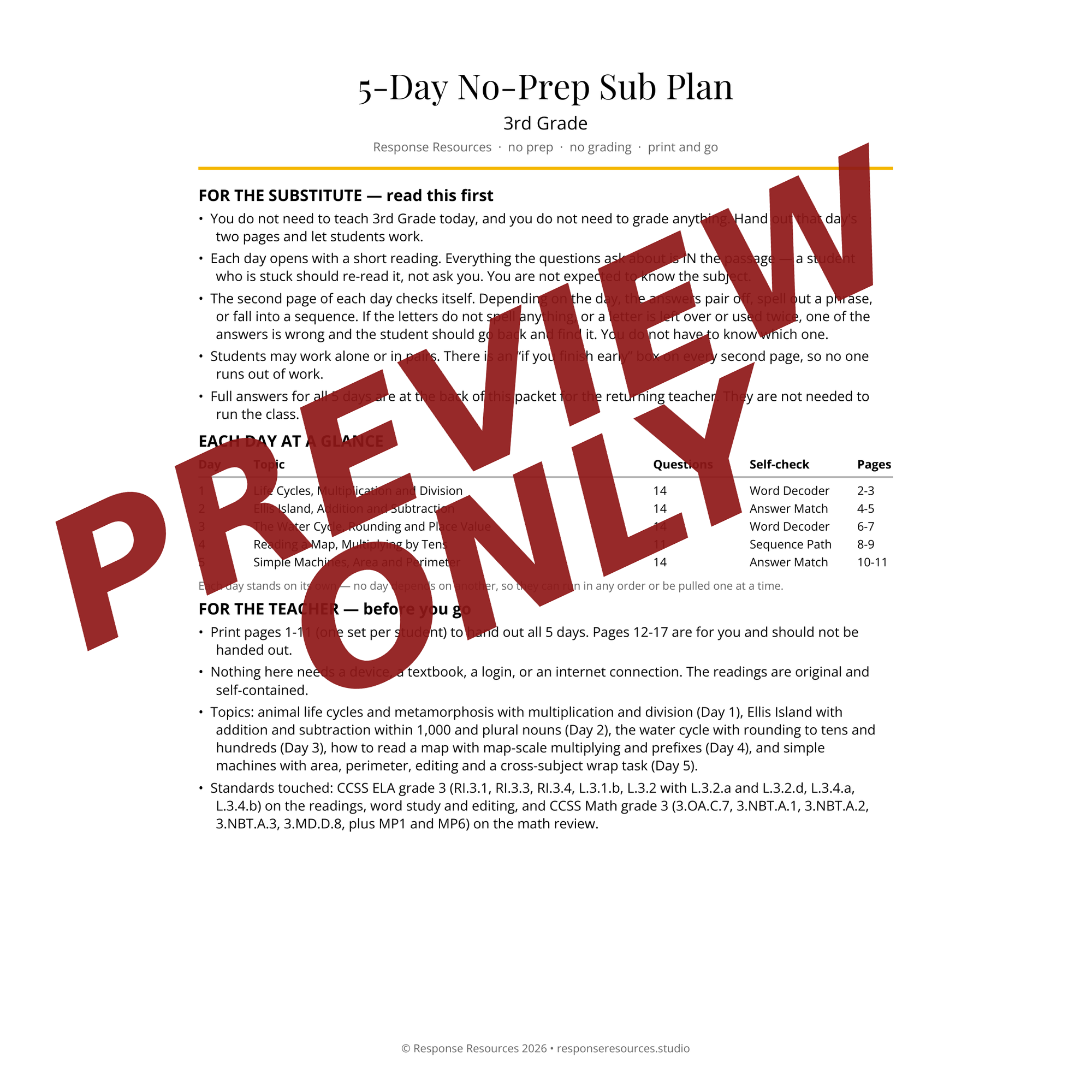 Preview page from the Elementary 3-5 emergency sub plan bundle