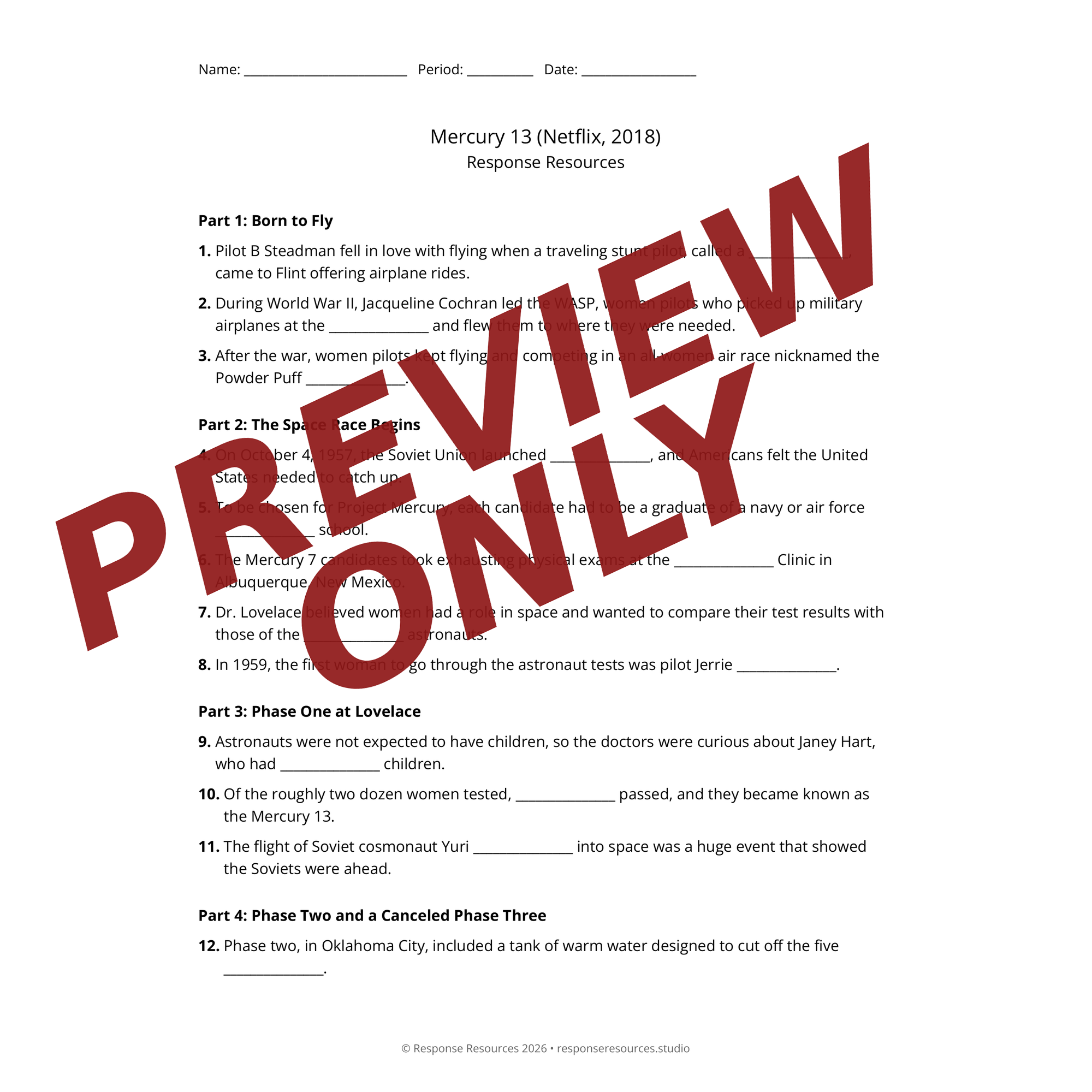 Preview of Mercury 13 (Netflix, 2018) worksheet — fill-in-the-blank documentary worksheet for US History