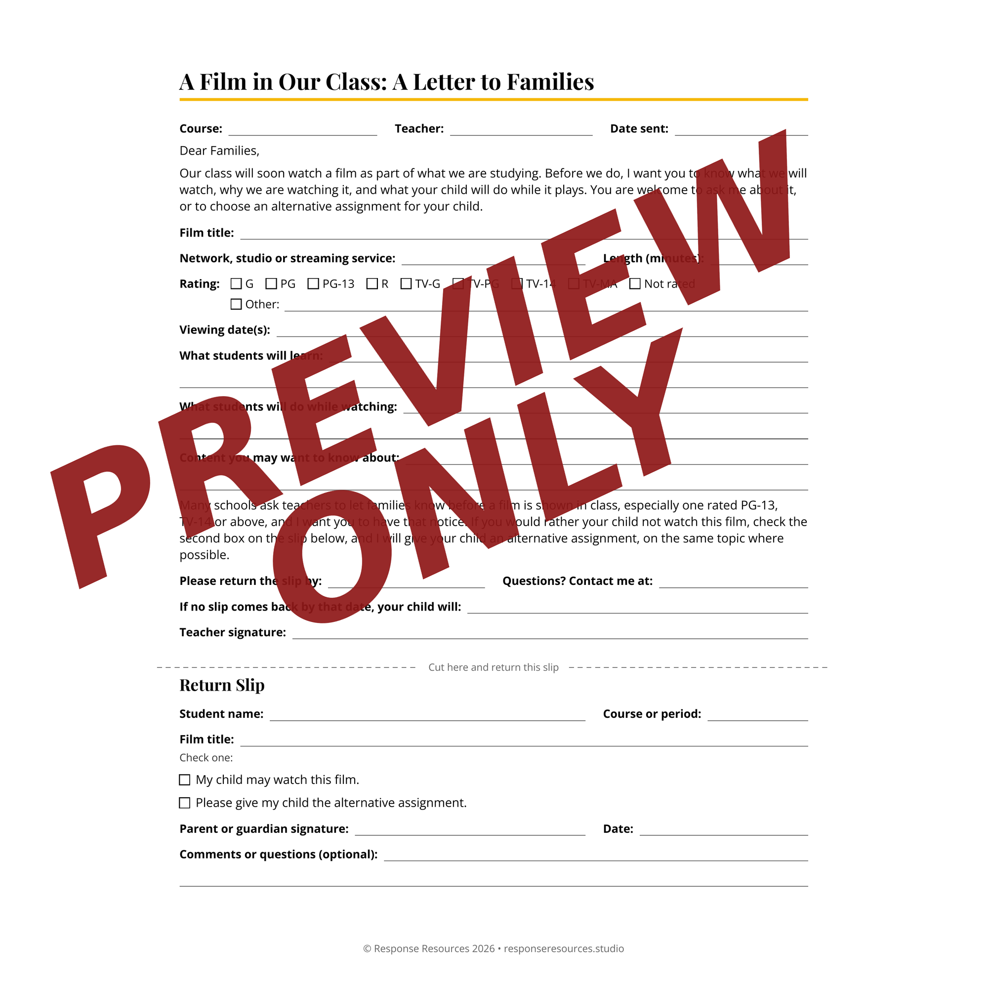 Page 1 of the free film permission letter: a letter to families with a return slip