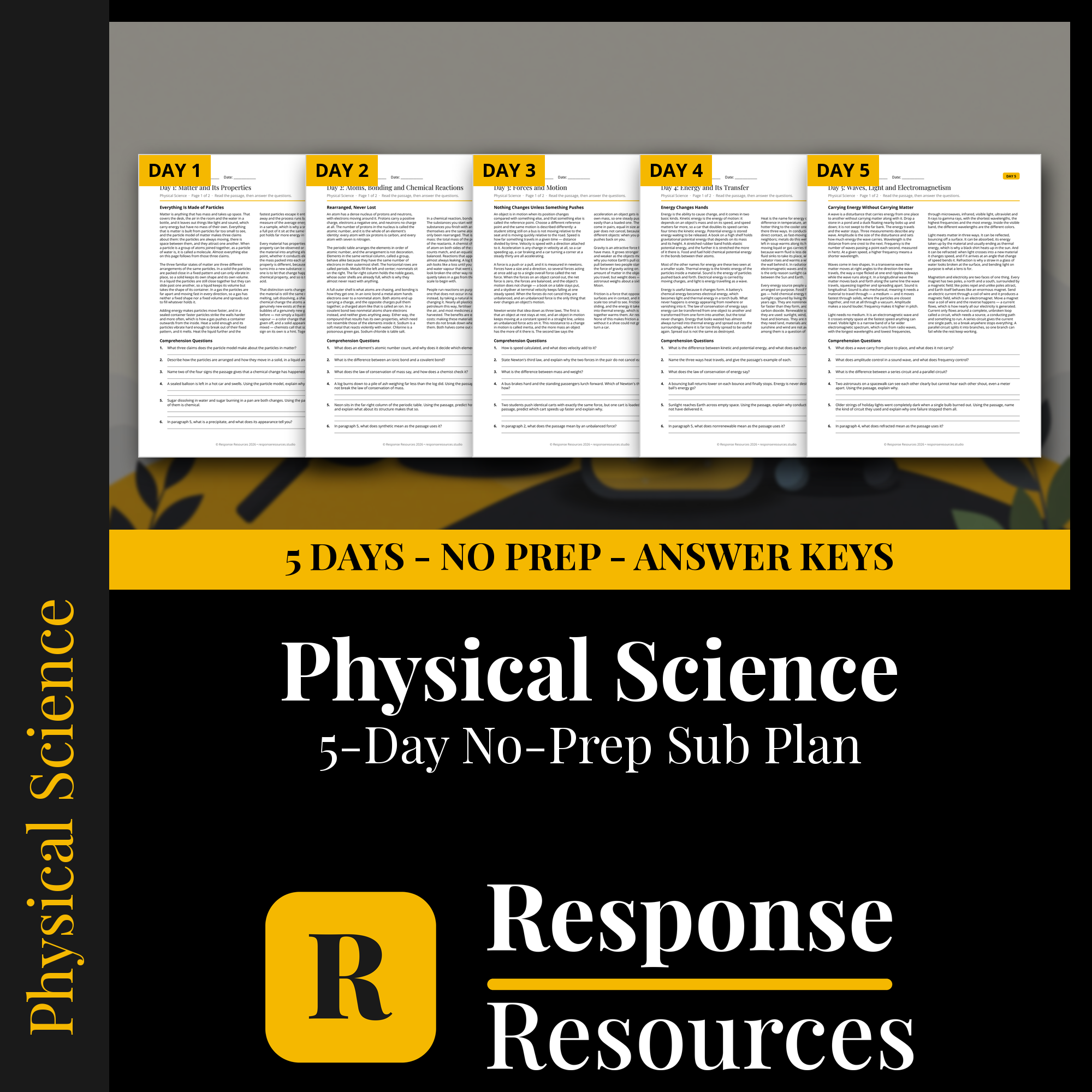 Response Resources 5-day no-prep Physical Science substitute plan cover