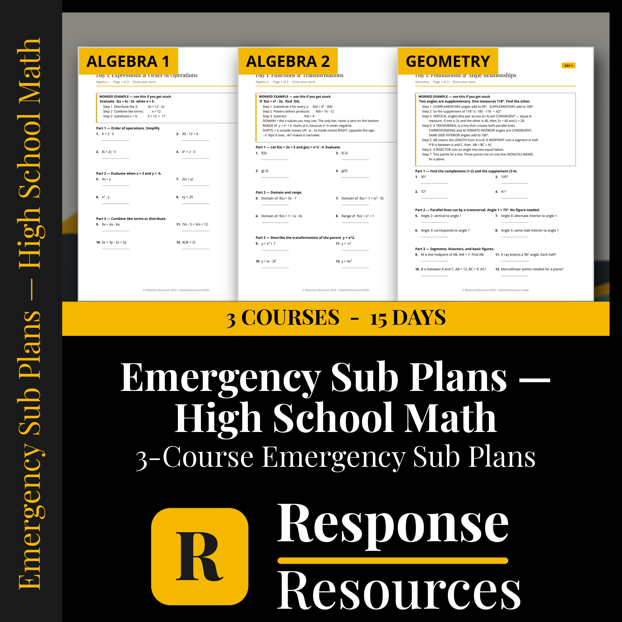 Emergency Sub Plans — High School Math Superbundle cover — Response Resources