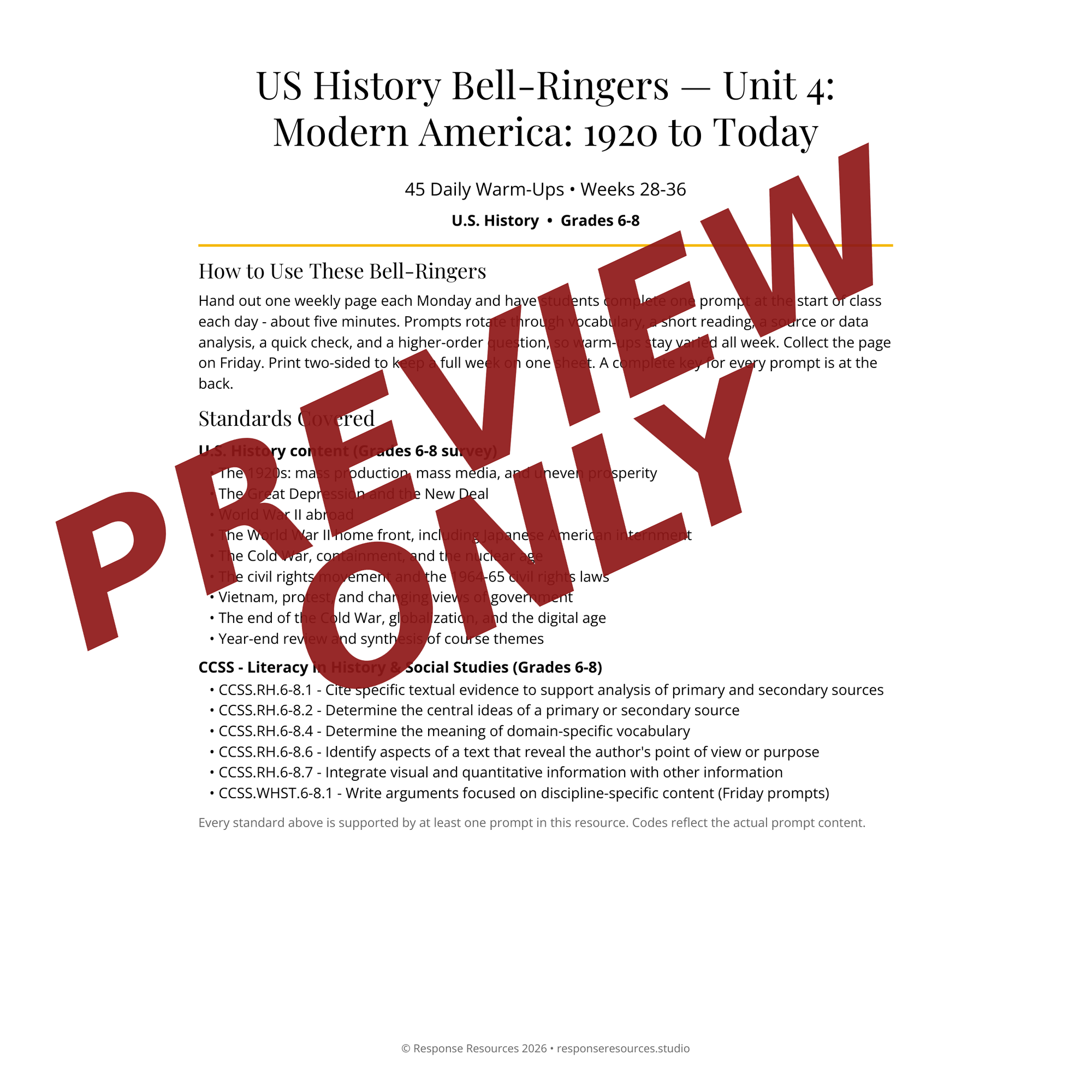 Preview page of US History Bell-Ringers — Unit 4: Modern America: 1920 to Today