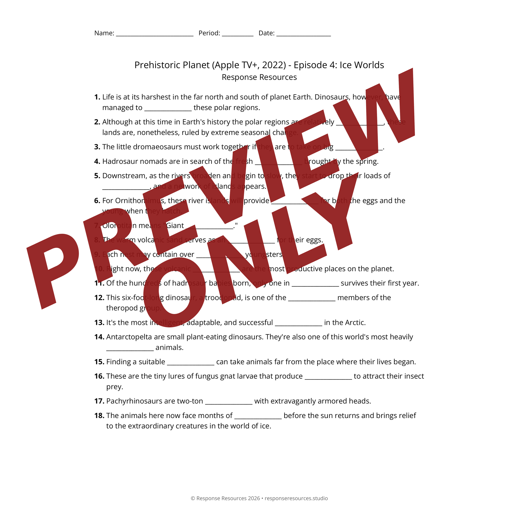 Preview of Prehistoric Planet (Apple TV+, 2022) - Episode 4: Ice Worlds worksheet — fill-in-the-blank documentary worksheet for Earth Science