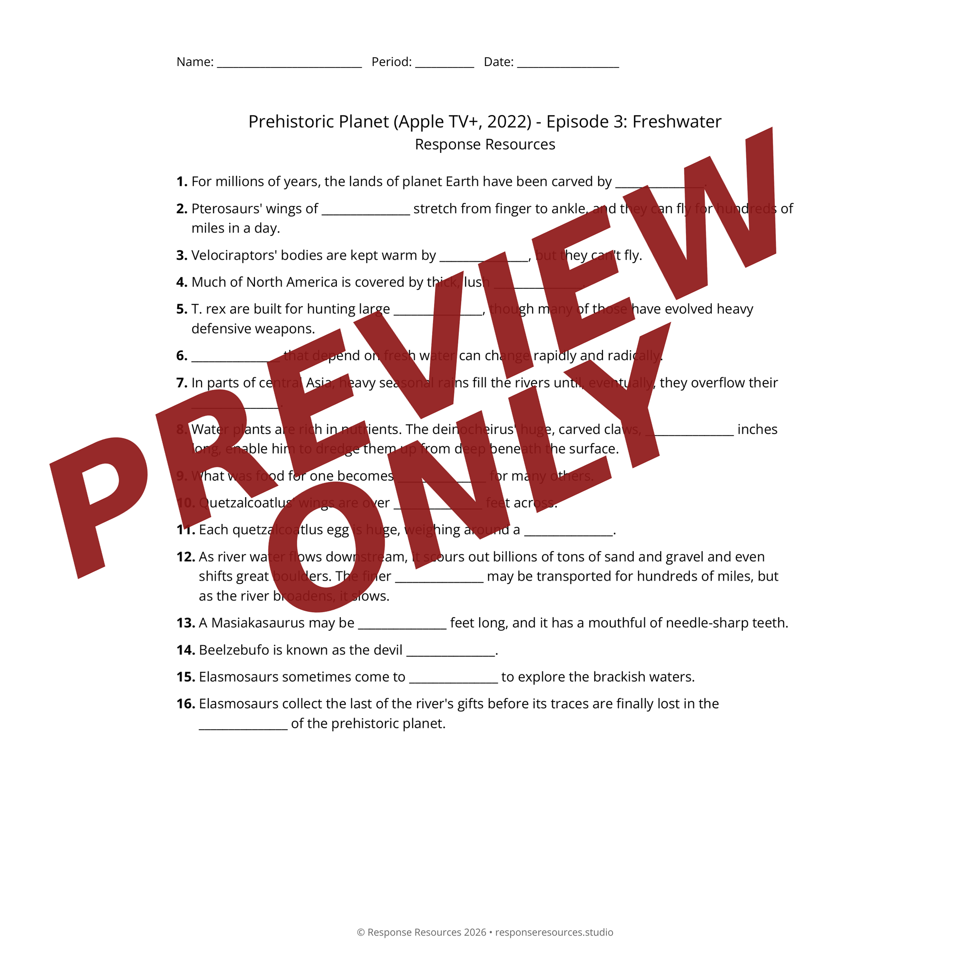 Preview of Prehistoric Planet (Apple TV+, 2022) - Episode 3: Freshwater worksheet — fill-in-the-blank documentary worksheet for Earth Science