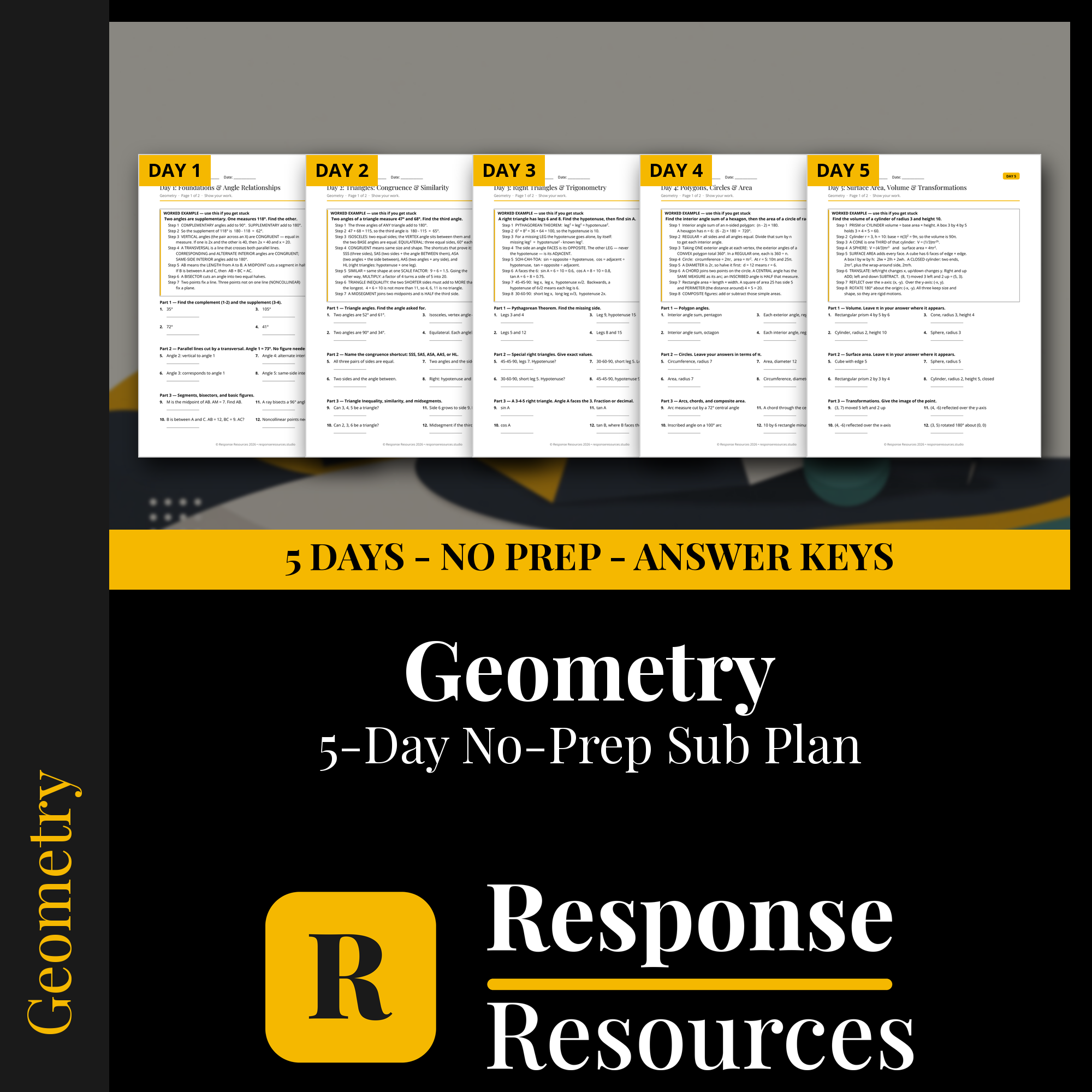 Response Resources 5-day no-prep Geometry substitute plan cover
