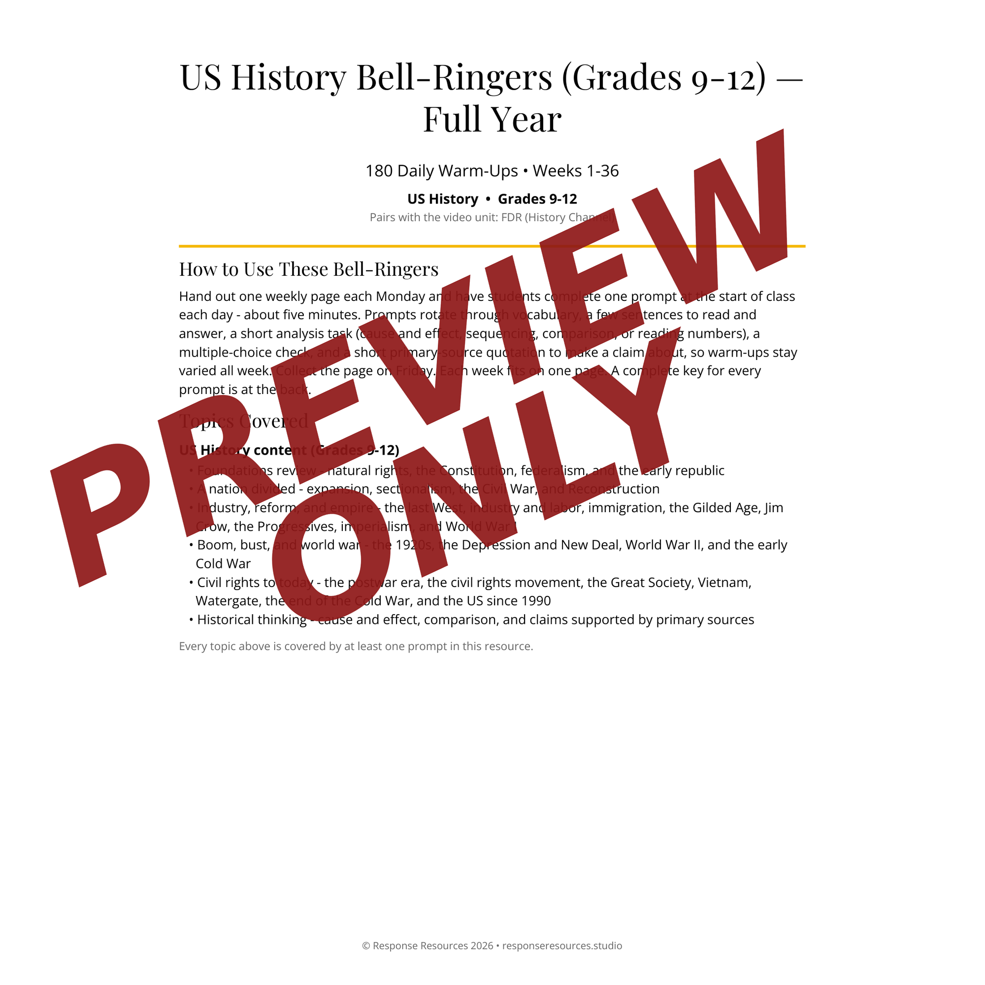 Preview page from the US History bell ringers and sub plans bundle