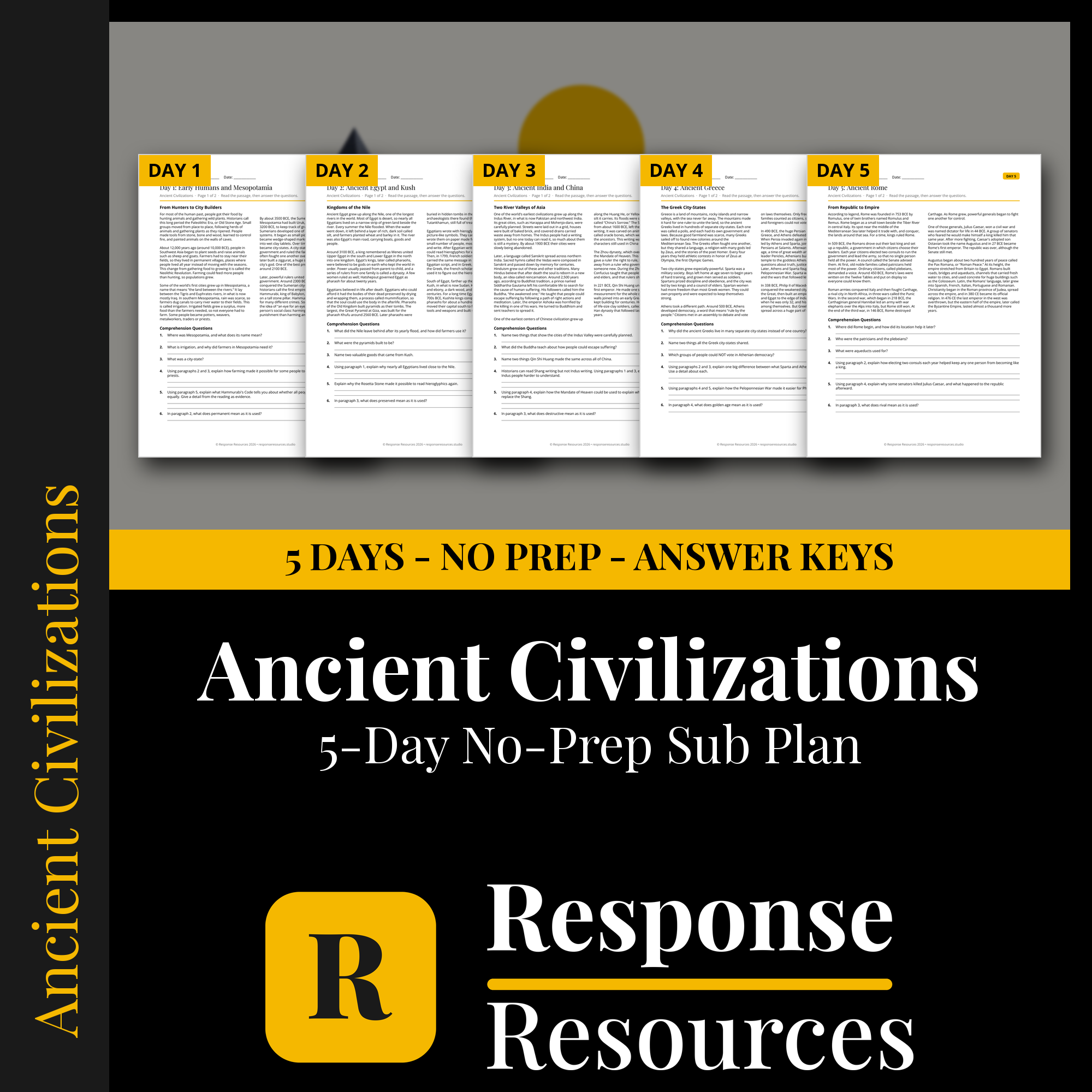 Response Resources 5-day no-prep Ancient Civilizations substitute plan cover