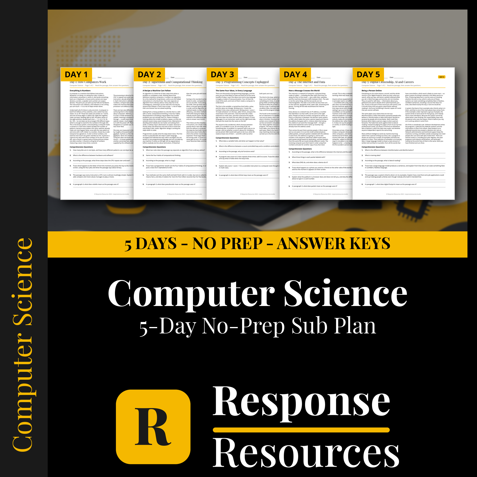 Response Resources 5-day no-prep Computer Science substitute plan cover