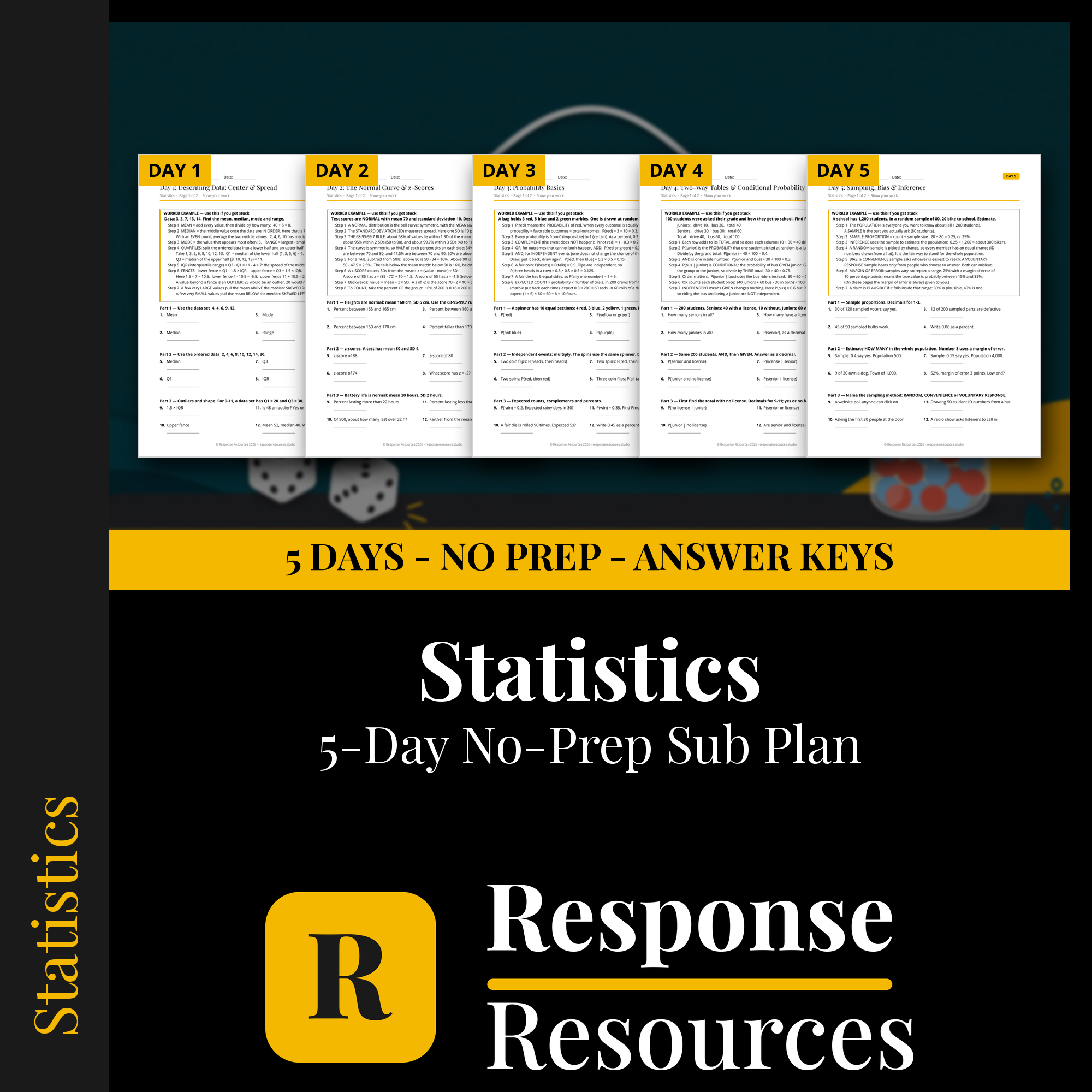 Response Resources 5-day no-prep Statistics substitute plan cover