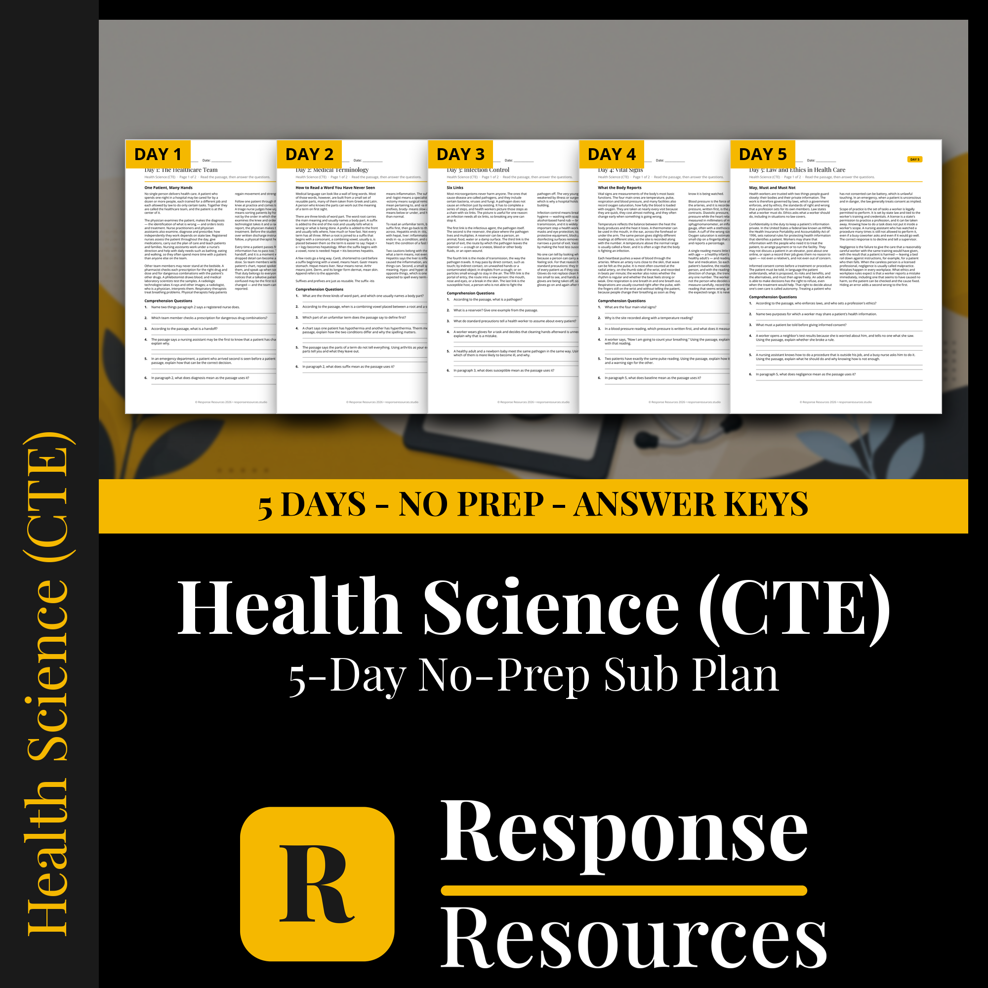Response Resources 5-day no-prep Health Science substitute plan cover
