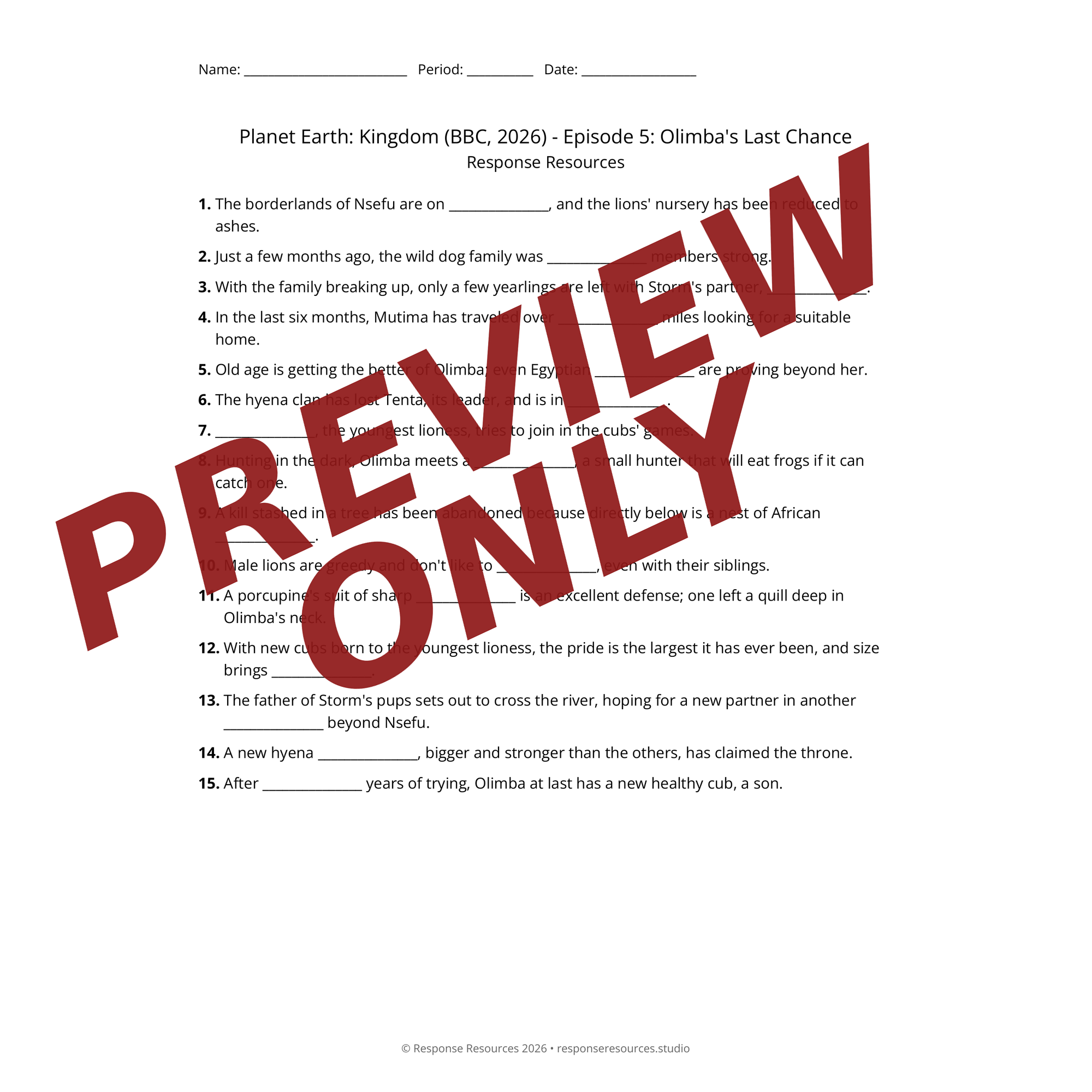 Preview of Planet Earth: Kingdom (BBC, 2026) - Episode 5: Olimba's Last Chance worksheet — fill-in-the-blank documentary worksheet for Biology