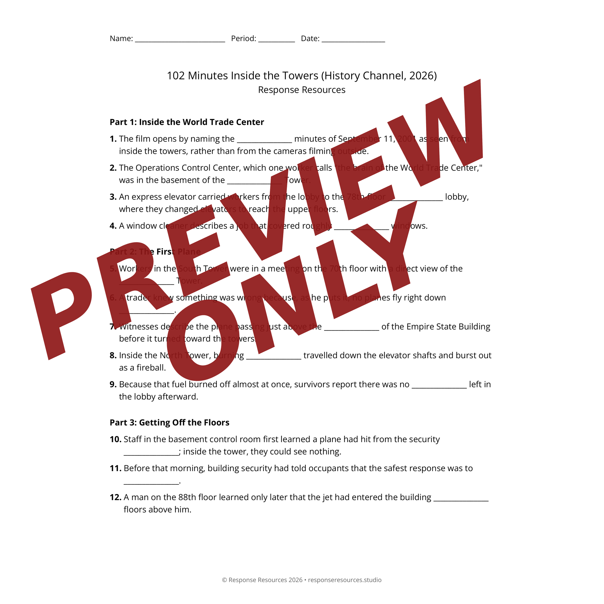 Preview of 102 Minutes Inside the Towers (History Channel, 2026) worksheet — fill-in-the-blank documentary worksheet for US History