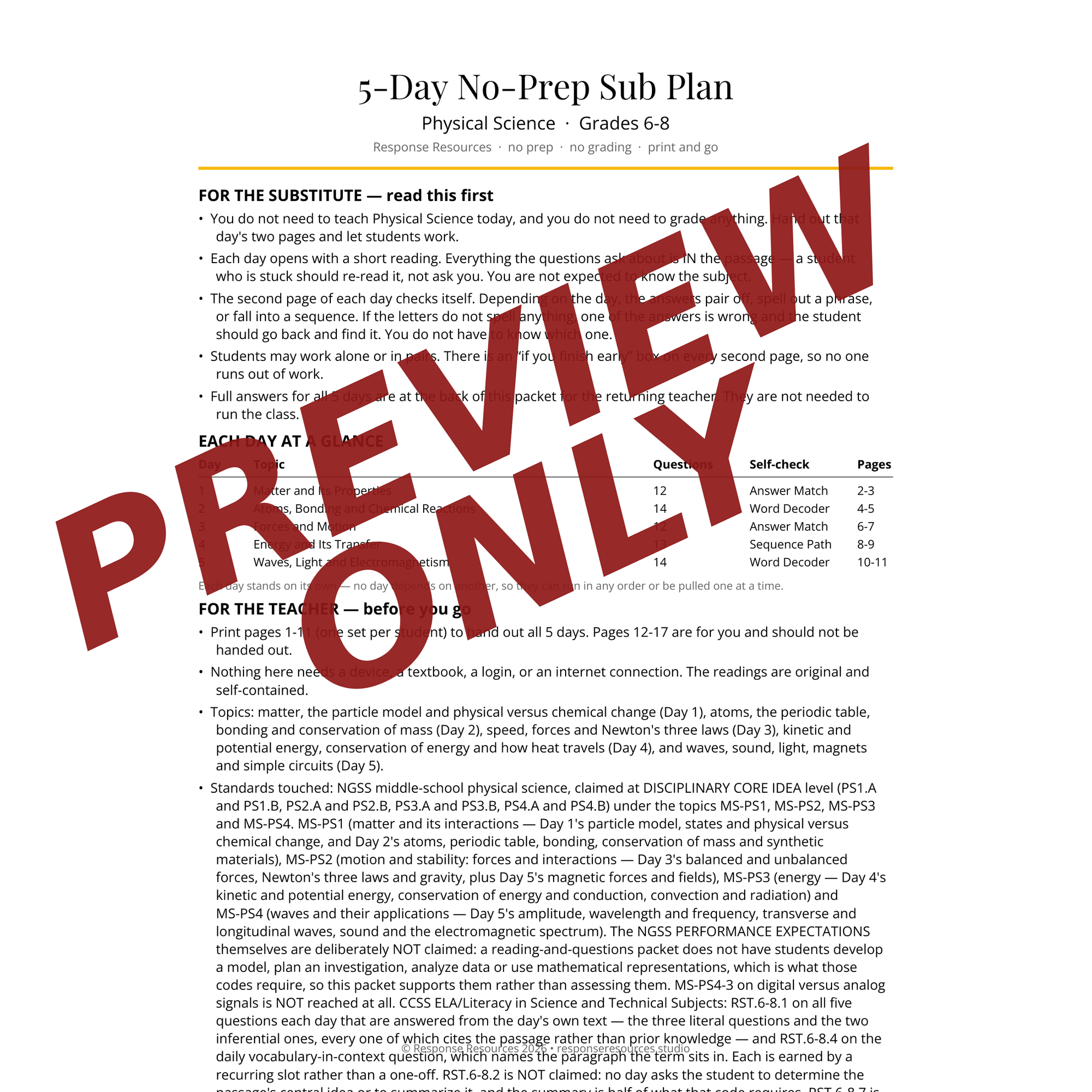Preview of the Physical Science sub plan — Sub & Teacher Notes page