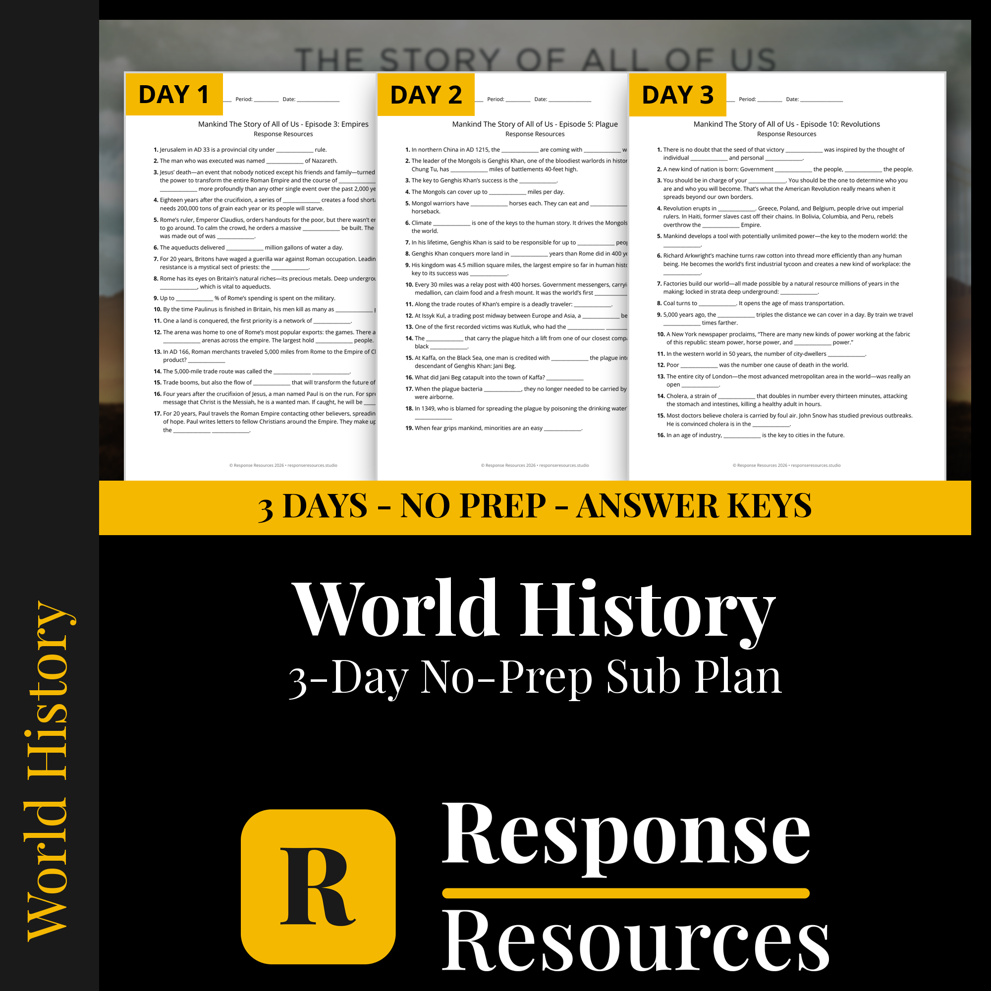 Response Resources 3-day no-prep World History substitute plan cover