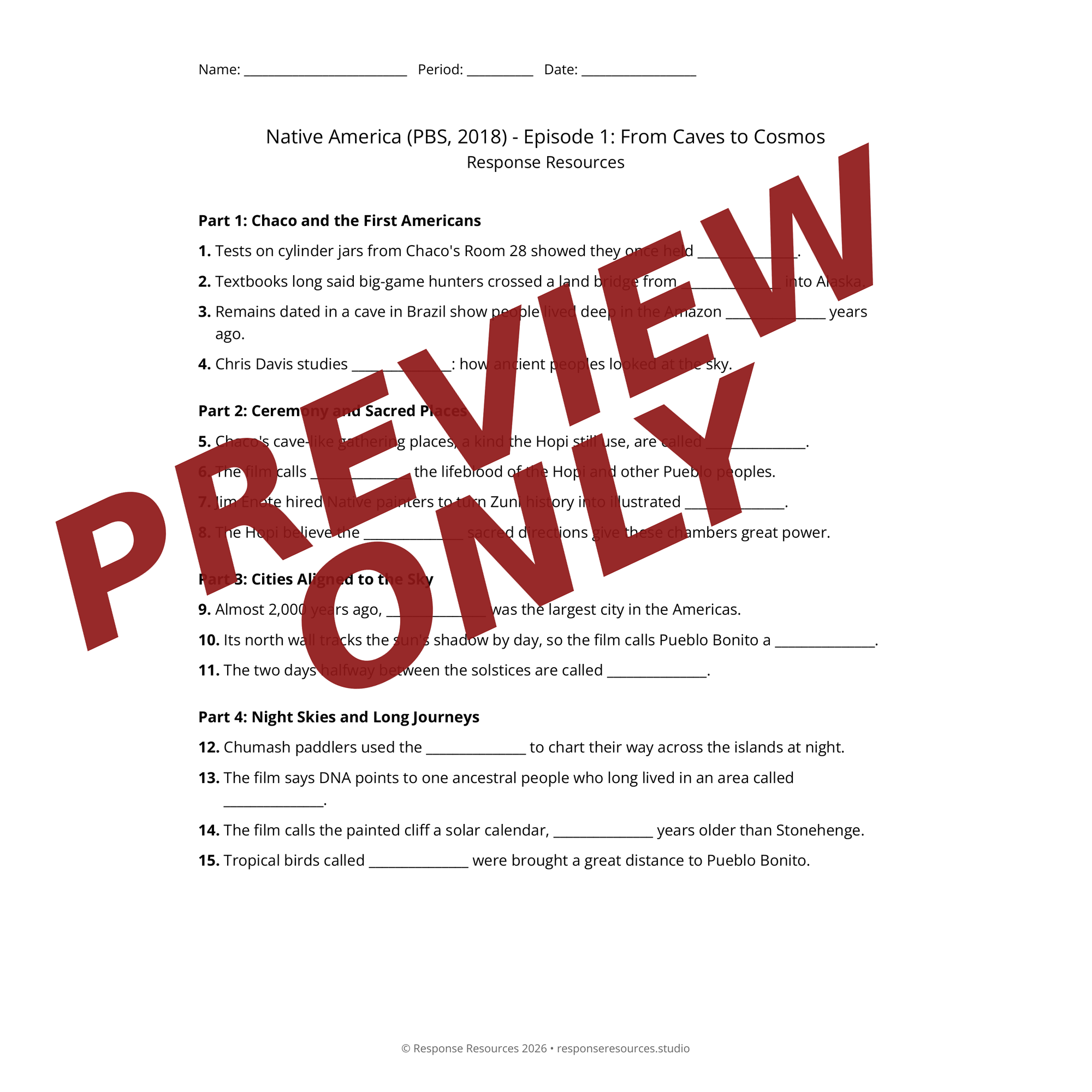 Preview page from Native America (PBS, 2018) — fill-in-the-blank documentary worksheet for US History