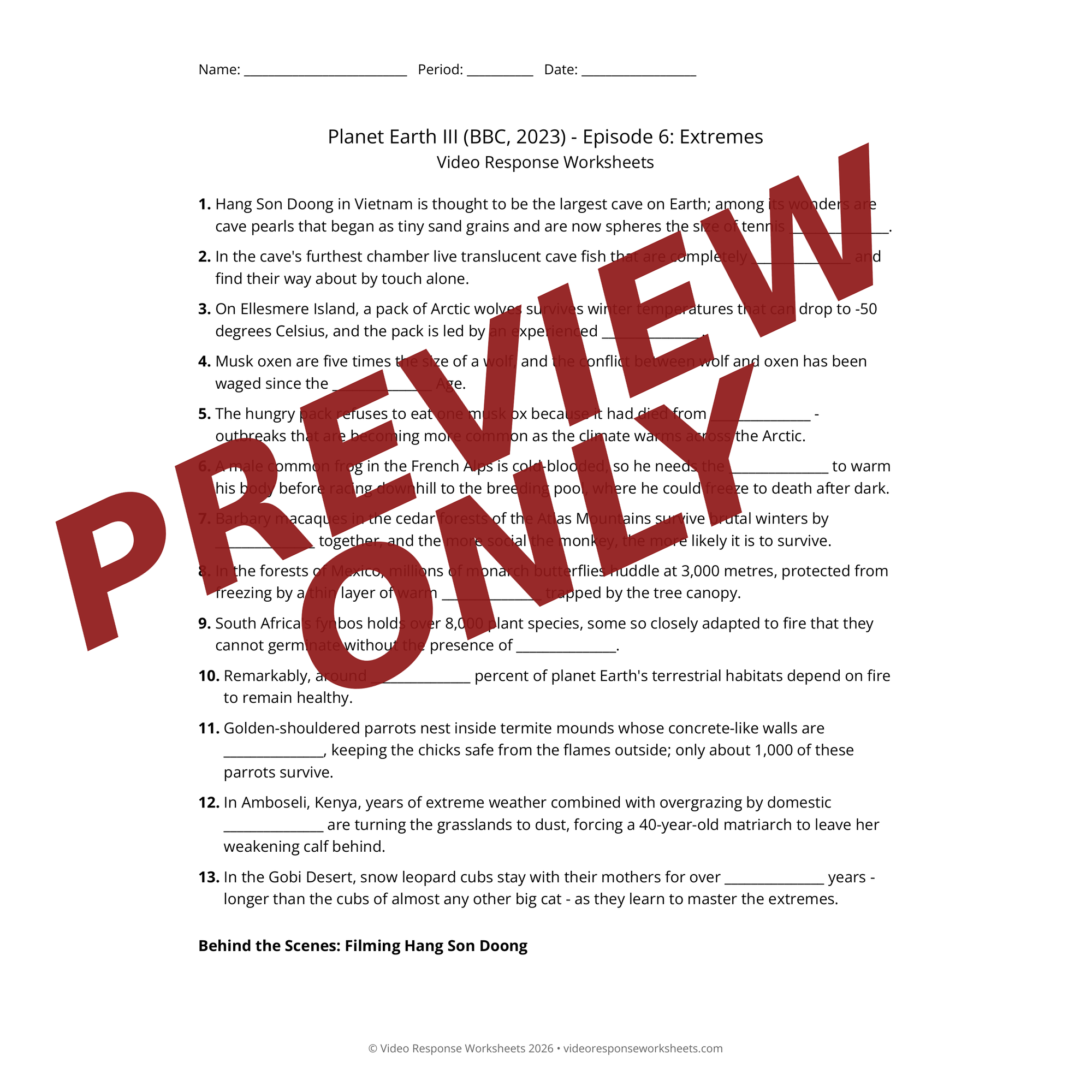 Preview of Planet Earth III (BBC, 2023) - Episode 6: Extremes worksheet — fill-in-the-blank documentary worksheet for Environmental Science