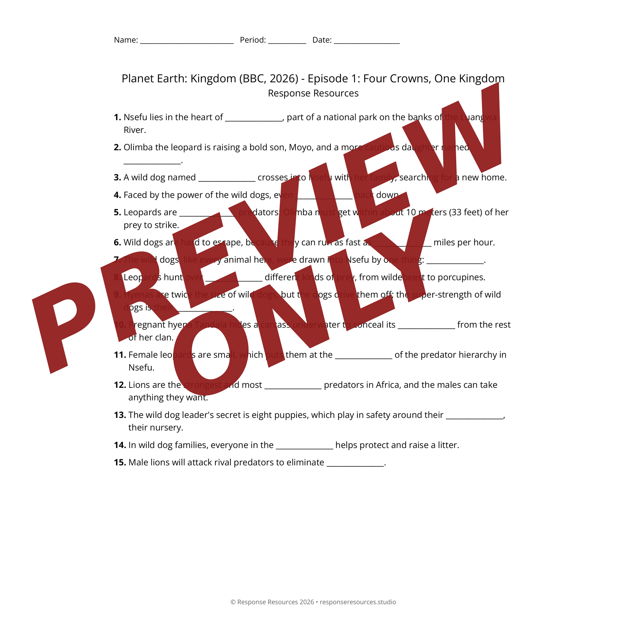 Preview page from Planet Earth: Kingdom (BBC, 2026) — fill-in-the-blank documentary worksheet for Biology