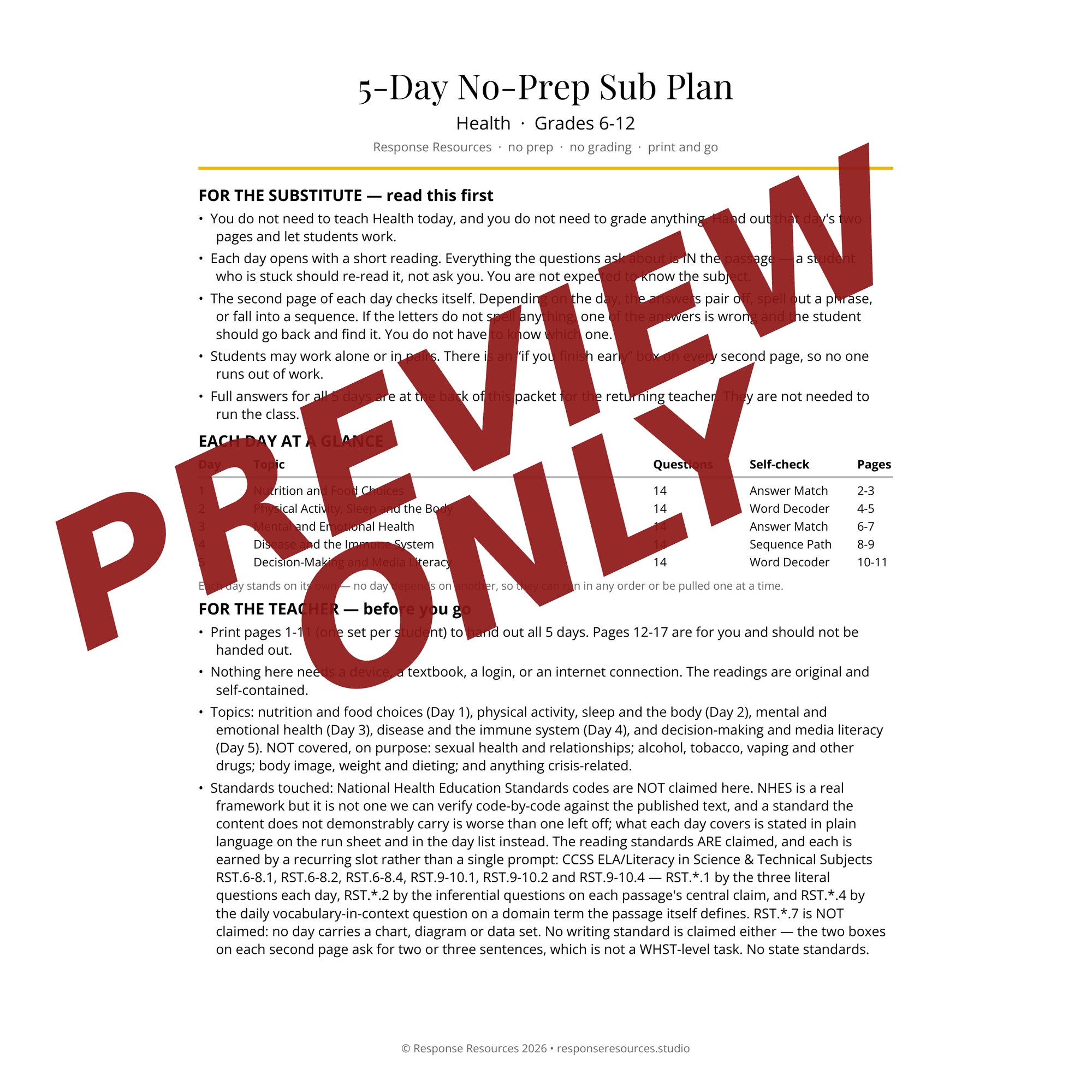 Preview of the Health sub plan — Sub & Teacher Notes page