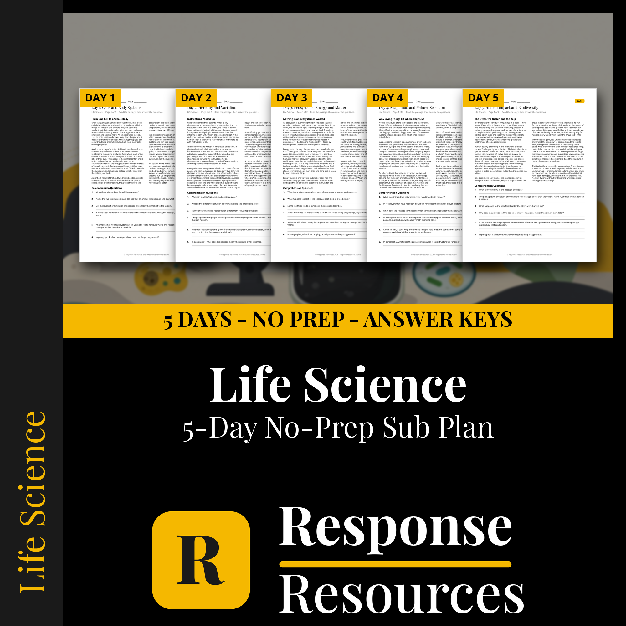 Response Resources 5-day no-prep Life Science substitute plan cover