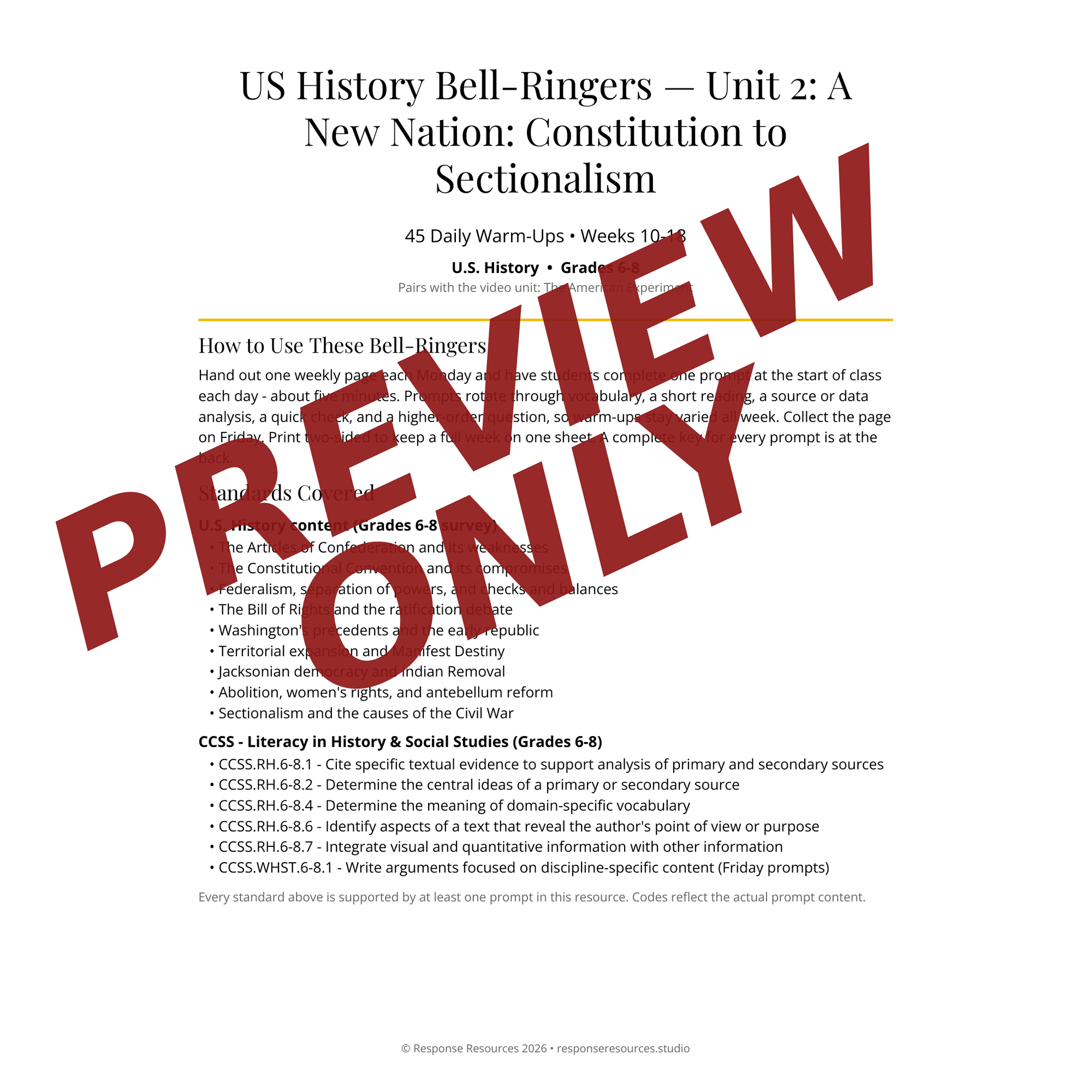 Preview page of US History Bell-Ringers — Unit 2: A New Nation: Constitution to Sectionalism