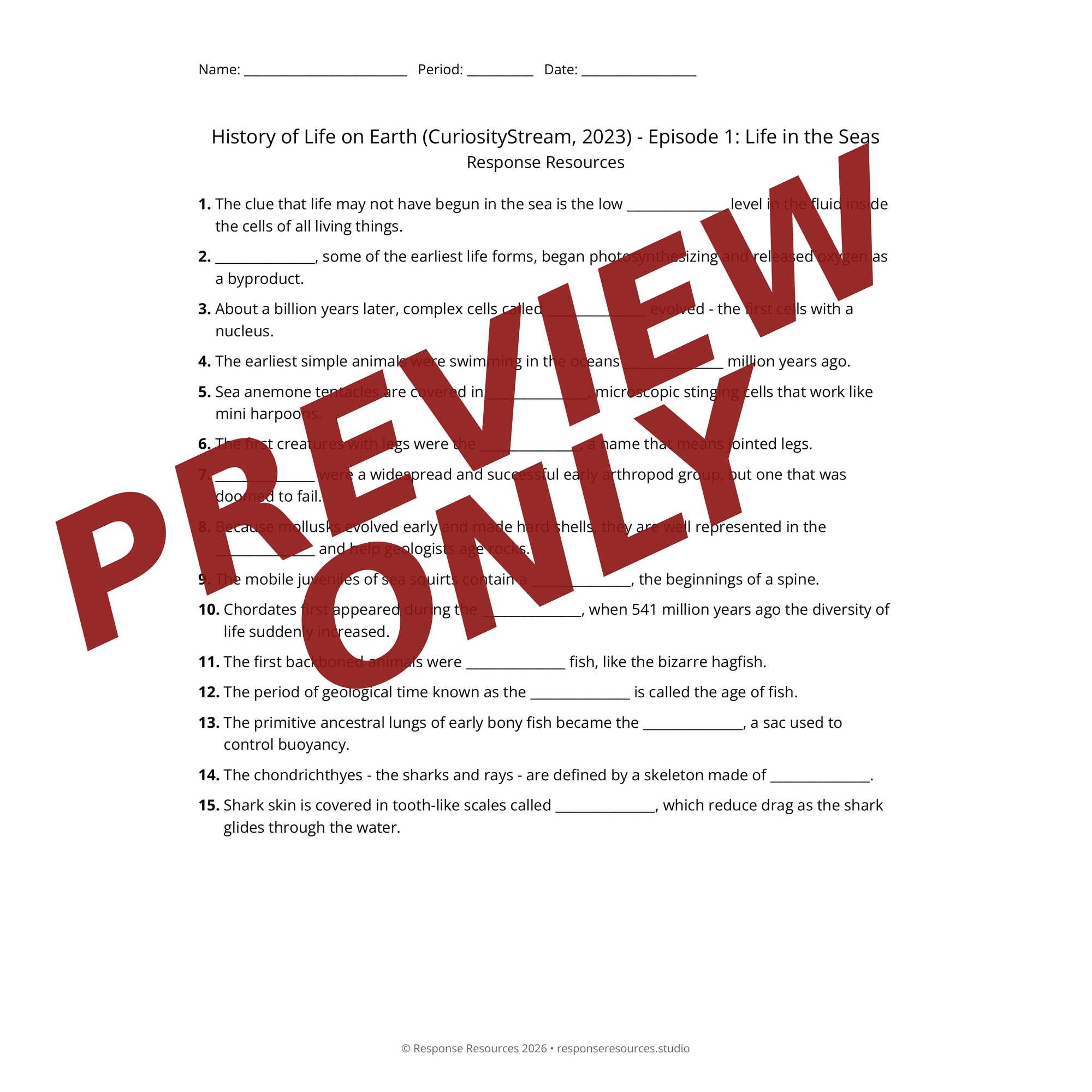 Preview of History of Life on Earth (CuriosityStream, 2023) - Episode 1: Life in the Seas worksheet — fill-in-the-blank documentary worksheet for Biology