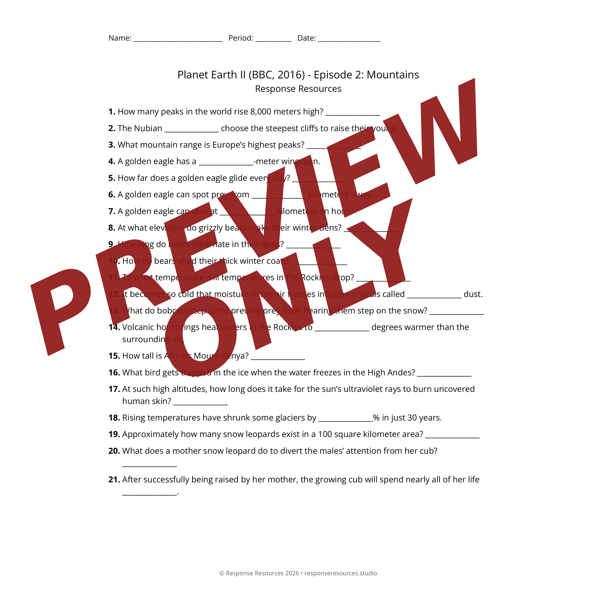 Preview of Planet Earth II (BBC, 2016) - Episode 2: Mountains worksheet — fill-in-the-blank documentary worksheet for Environmental Science