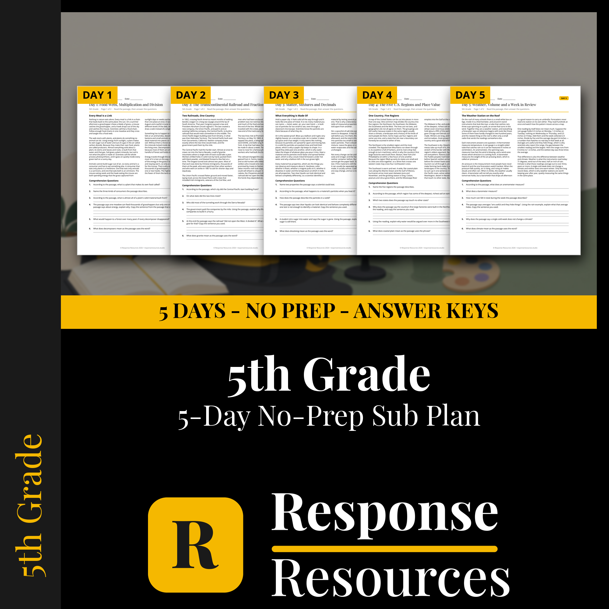 Response Resources 5-day no-prep 5th Grade substitute plan cover