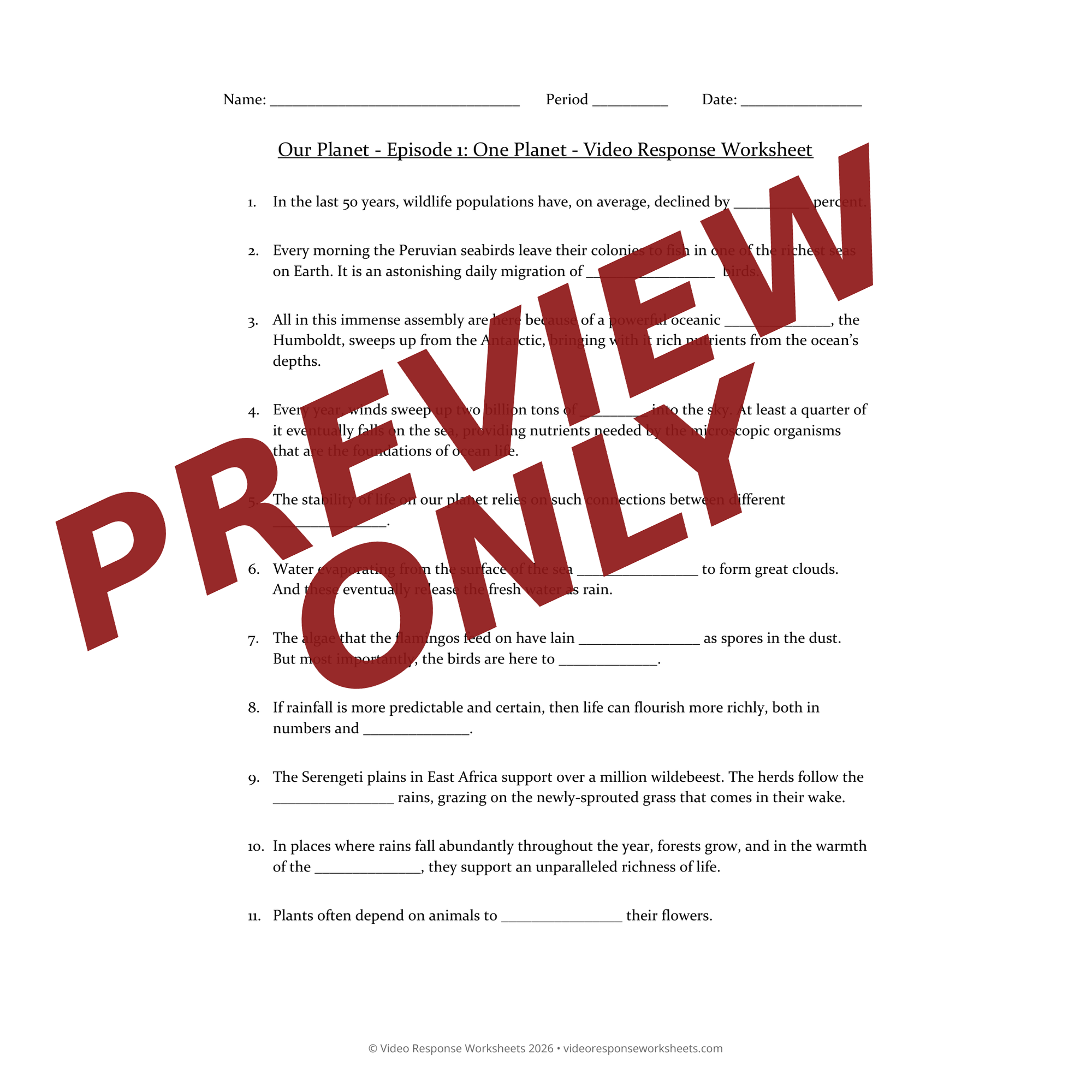 Preview of Our Planet bundle worksheet — fill-in-the-blank documentary worksheet for Environmental Science