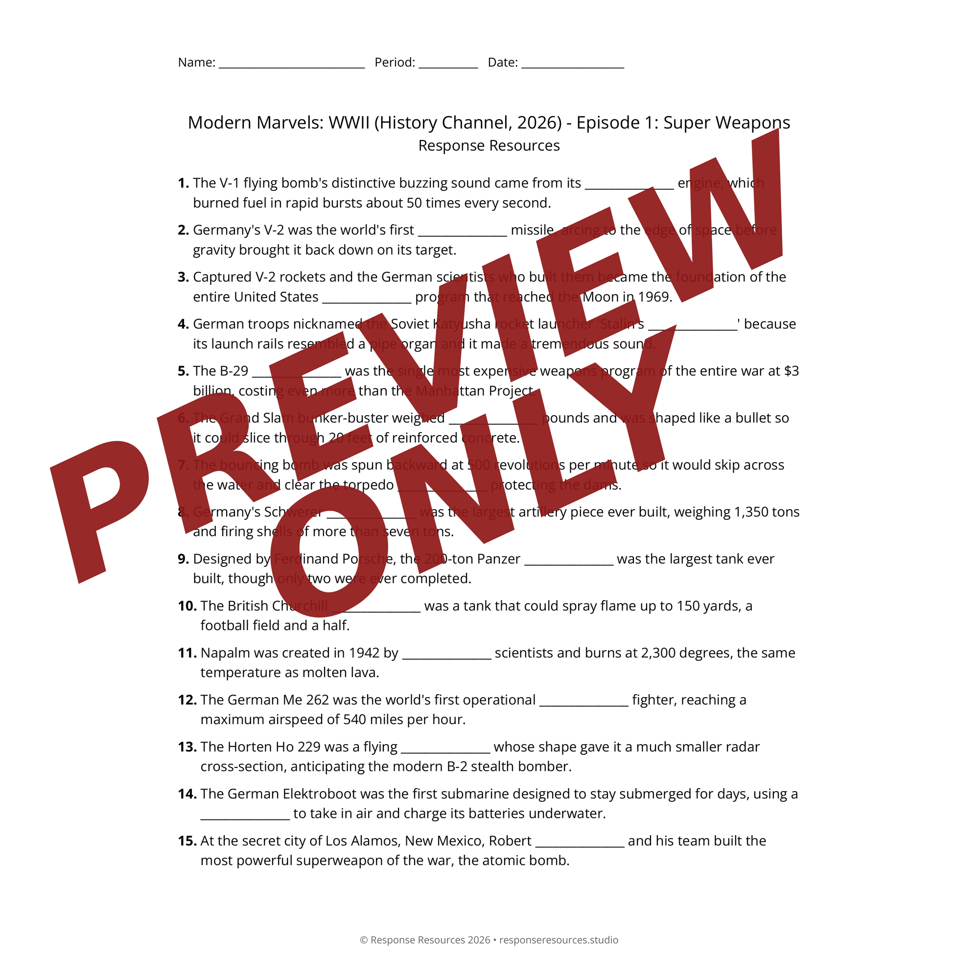 Preview page from Modern Marvels: WWII (History Channel, 2026) — fill-in-the-blank documentary worksheet for World History