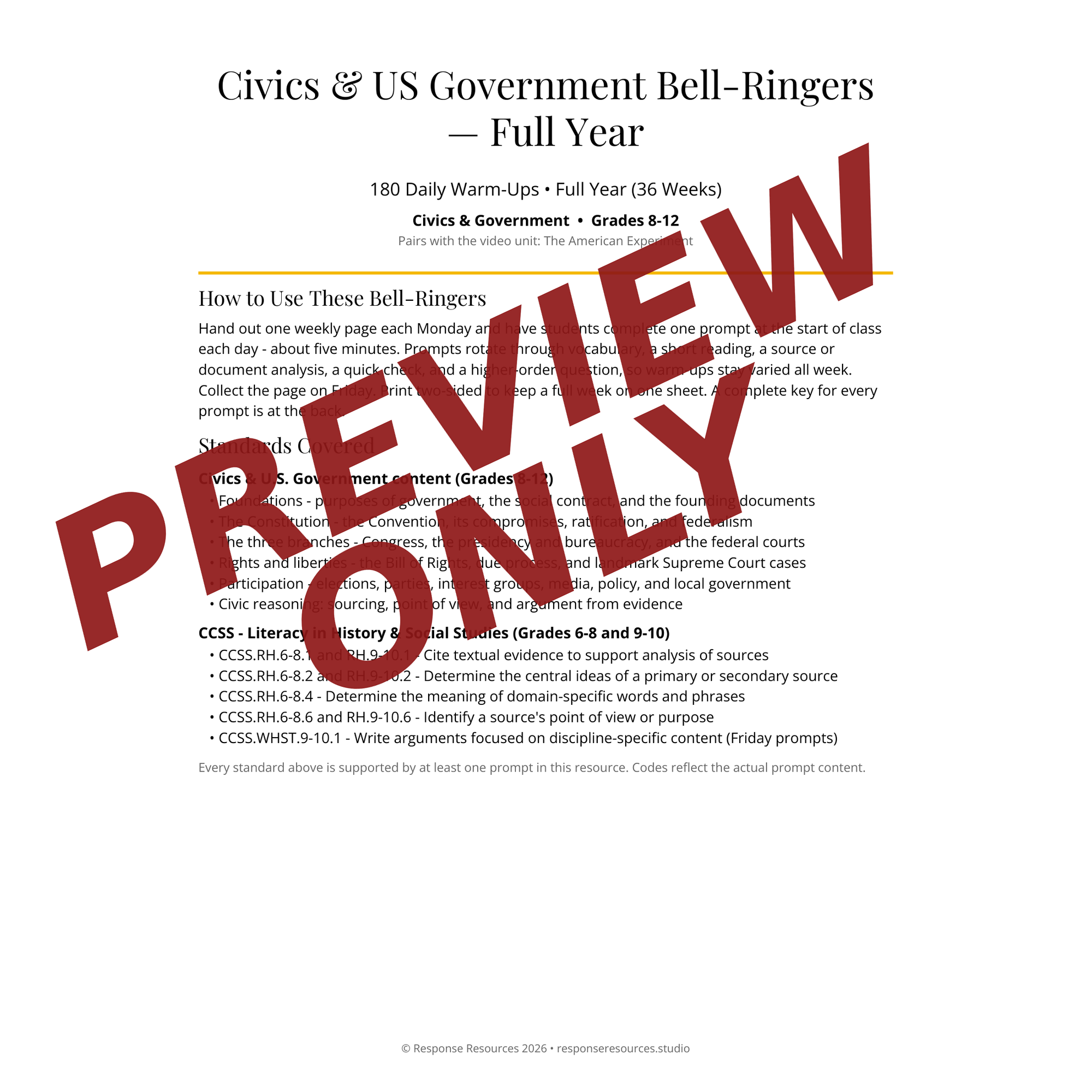 Preview page of Civics & US Government Bell-Ringers — Full Year