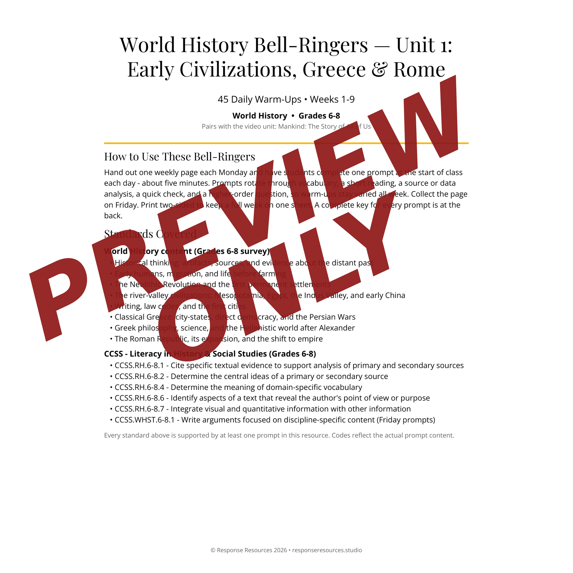 Preview page of World History Bell-Ringers — Unit 1: Early Civilizations, Greece & Rome