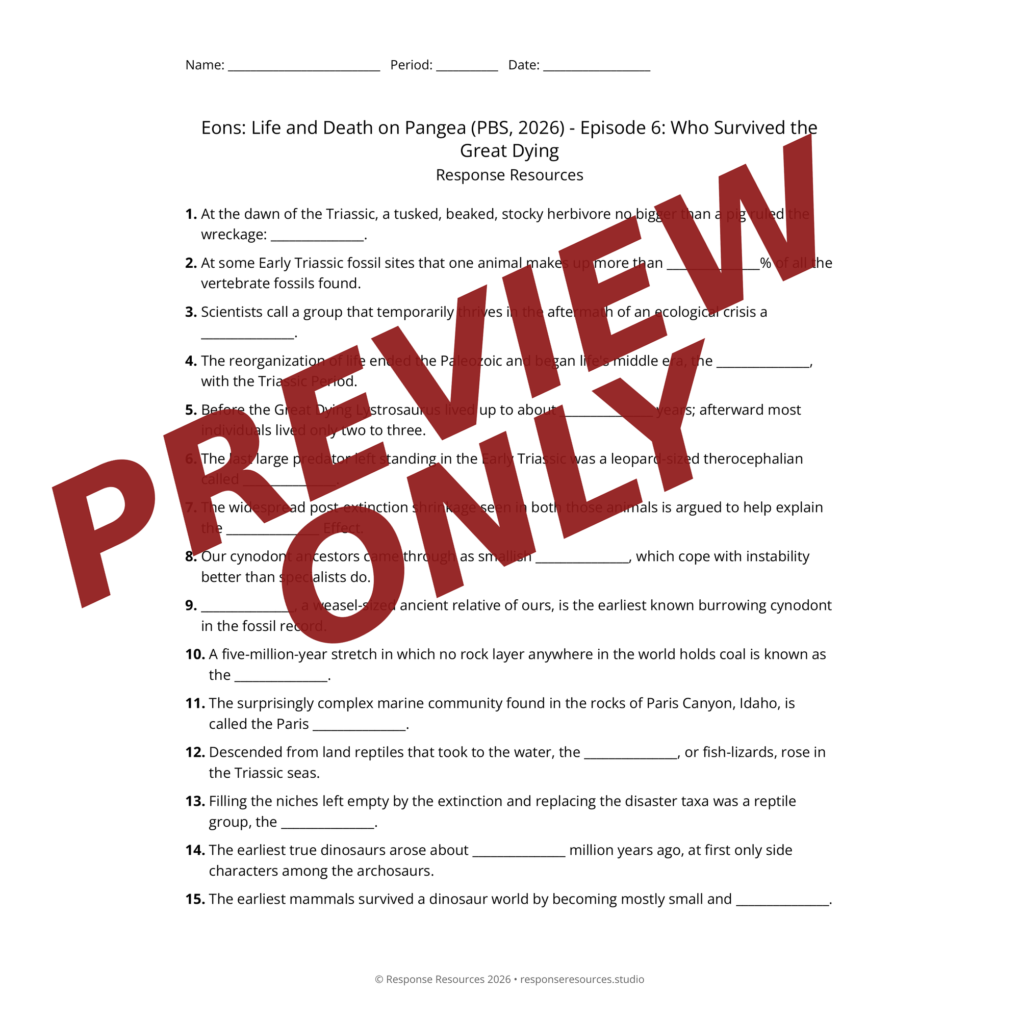 Preview of Eons: Life and Death on Pangea (PBS, 2026) - Episode 6: Who Survived the Great Dying worksheet — fill-in-the-blank documentary worksheet for Earth Science