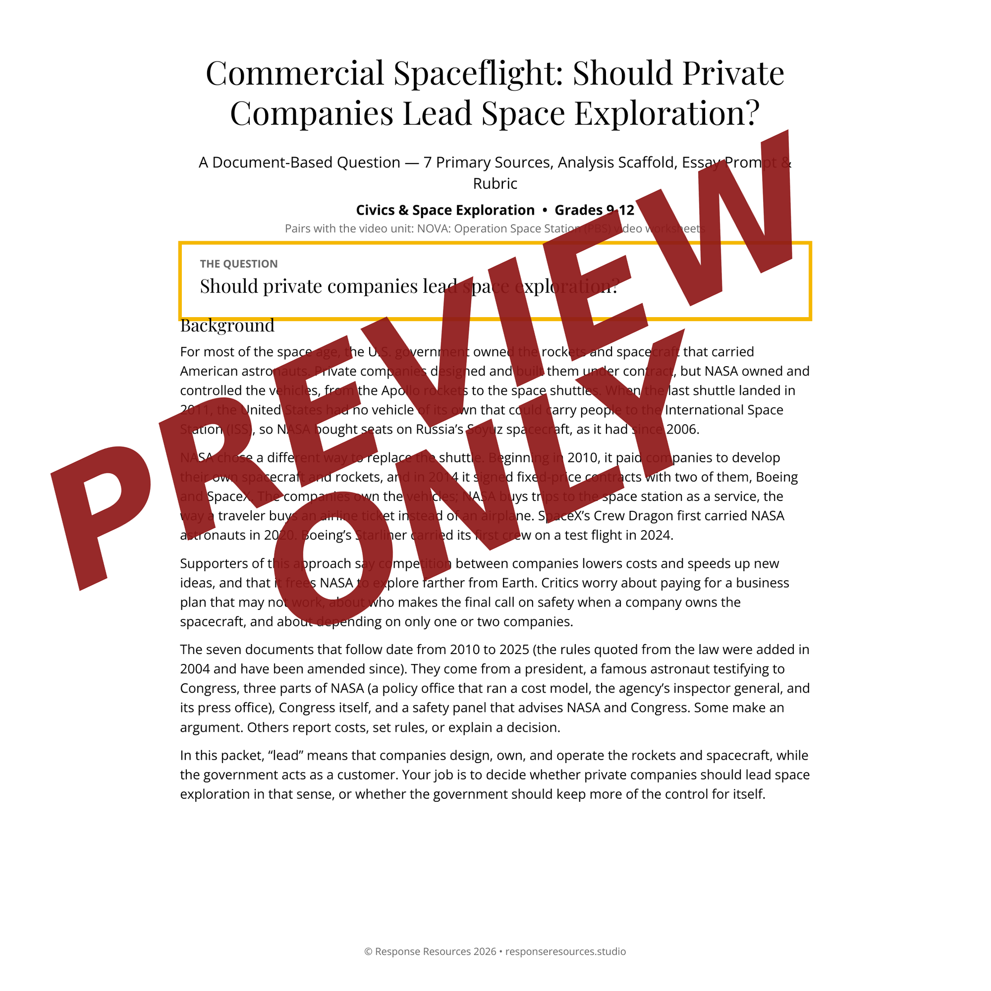 Preview page of the Commercial Spaceflight DBQ