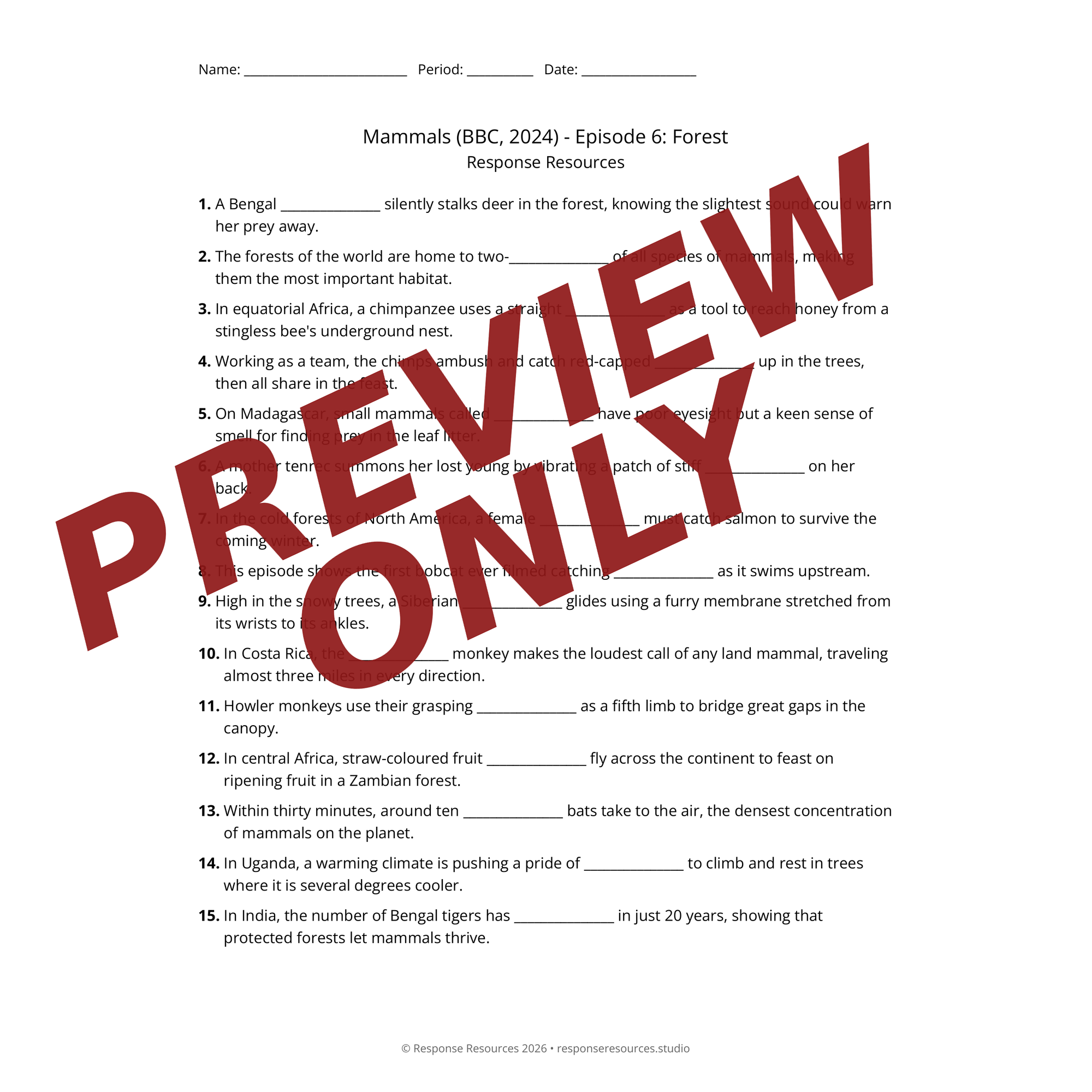 Preview of Mammals (BBC, 2024) - Episode 6: Forest worksheet — fill-in-the-blank documentary worksheet for Environmental Science