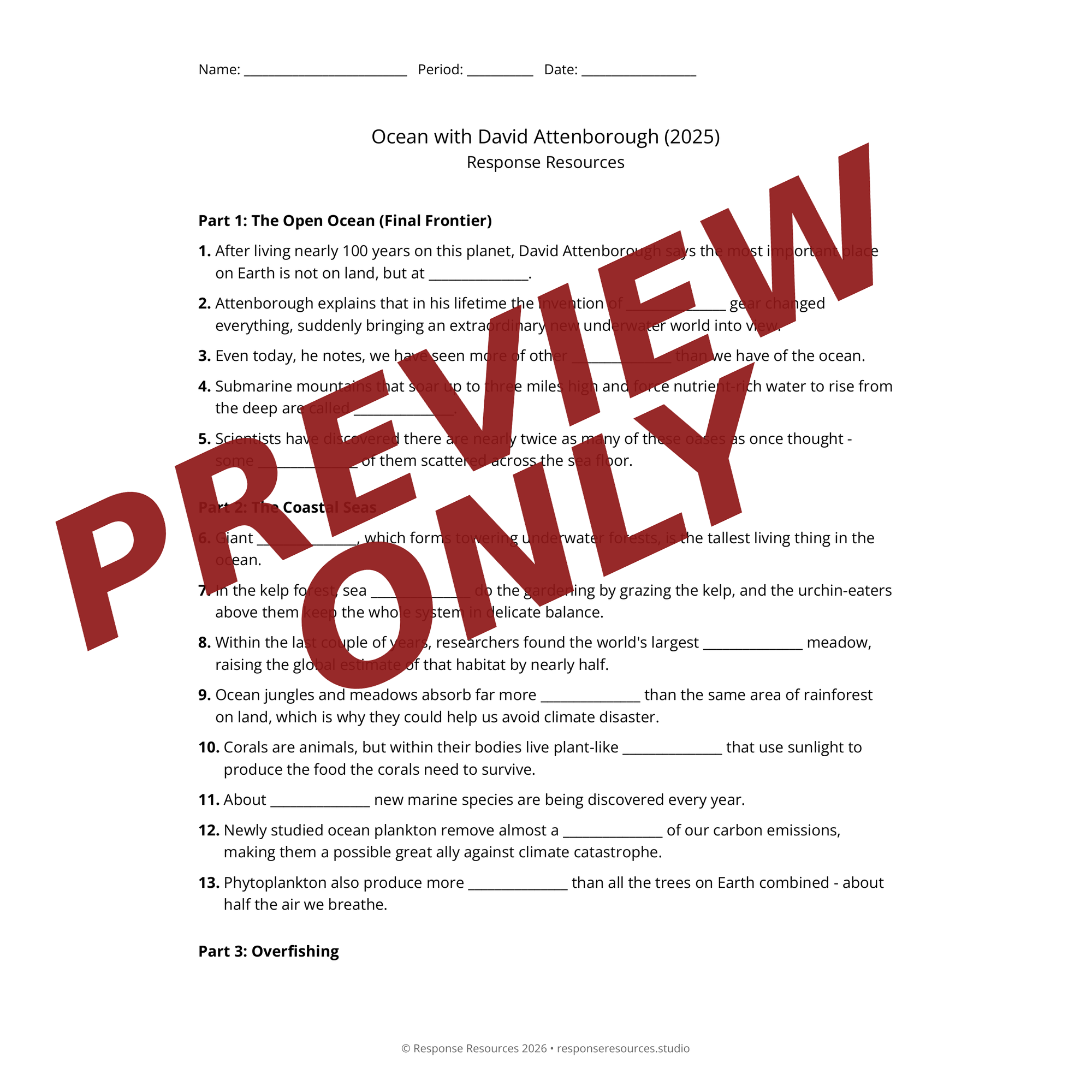 Preview of Ocean with David Attenborough (2025) worksheet — fill-in-the-blank documentary worksheet for Environmental Science