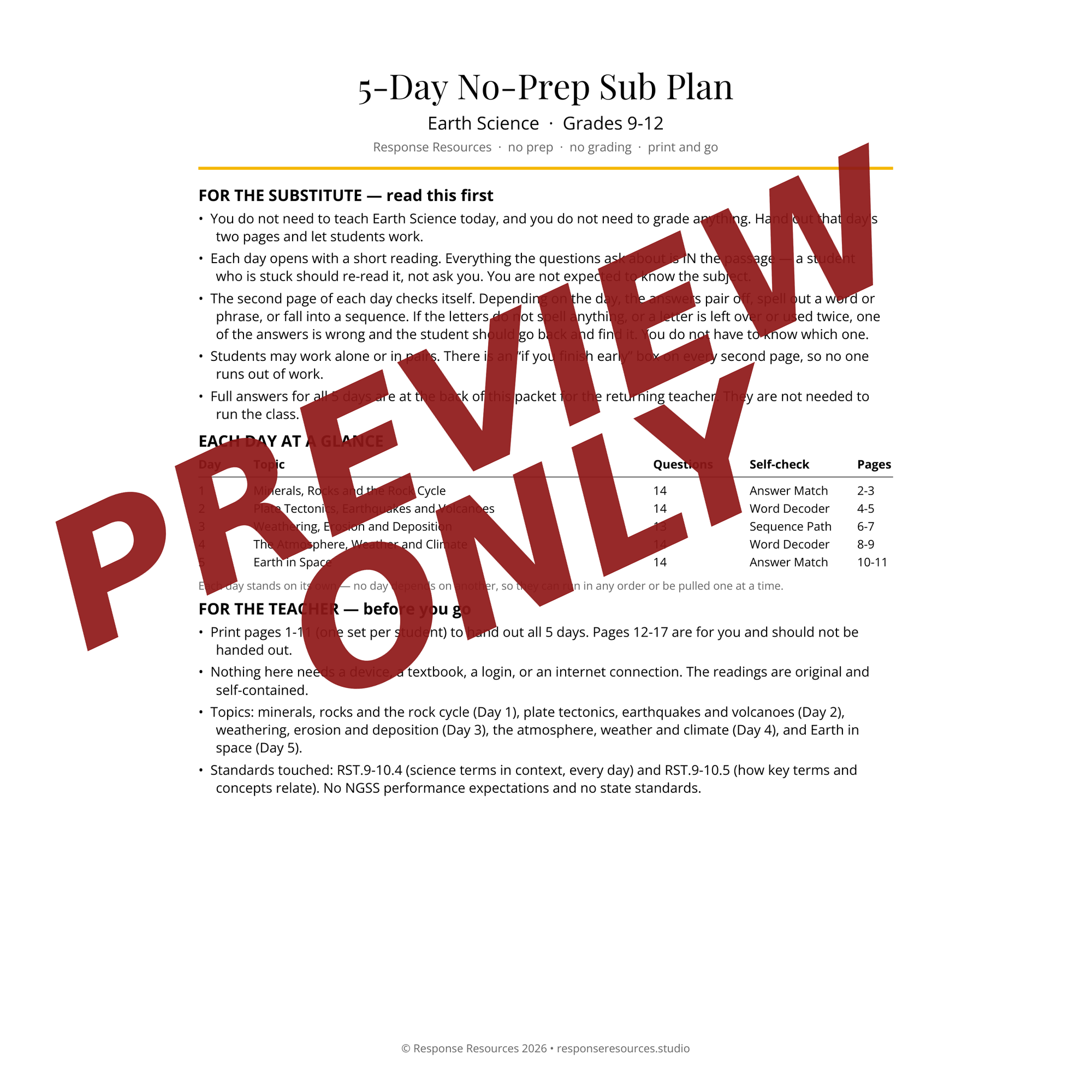 Preview page from the High School Science Electives emergency sub plan bundle